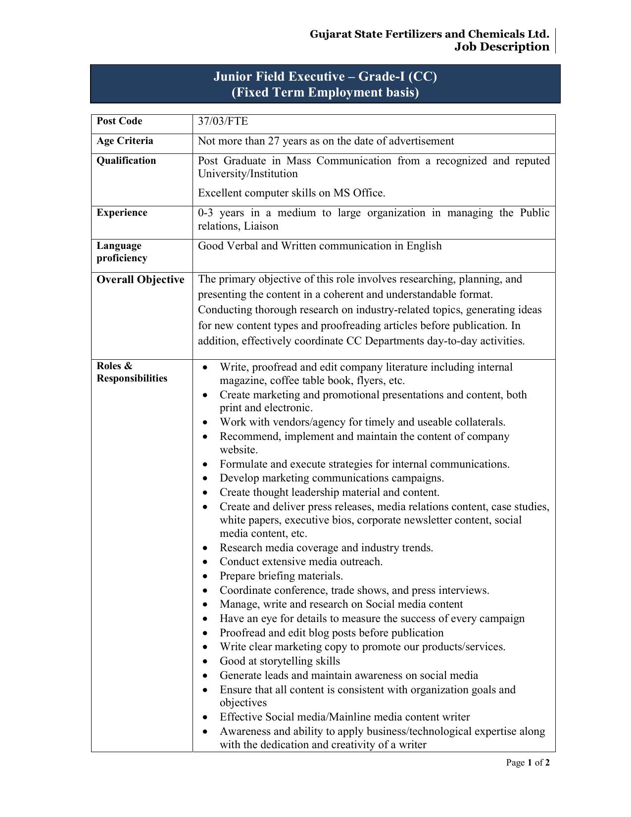 Gujarat State Fertilizers & Chemicals Ltd Invites Application for Junior Field Executive Recruitment 2023 - Page 2