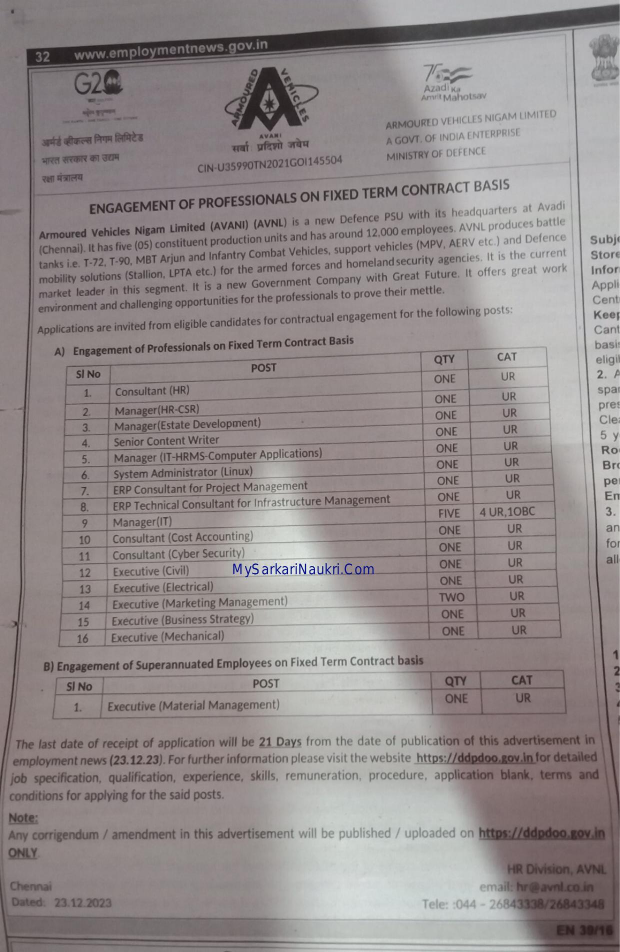 AVNL Manager, Executive and Various Posts Recruitment 2023 - Page 1