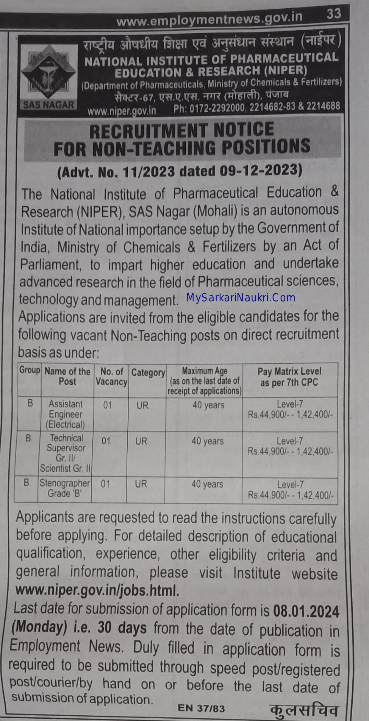 NIPER Mohali Non-Teaching Positions Recruitment 2023 - Page 1