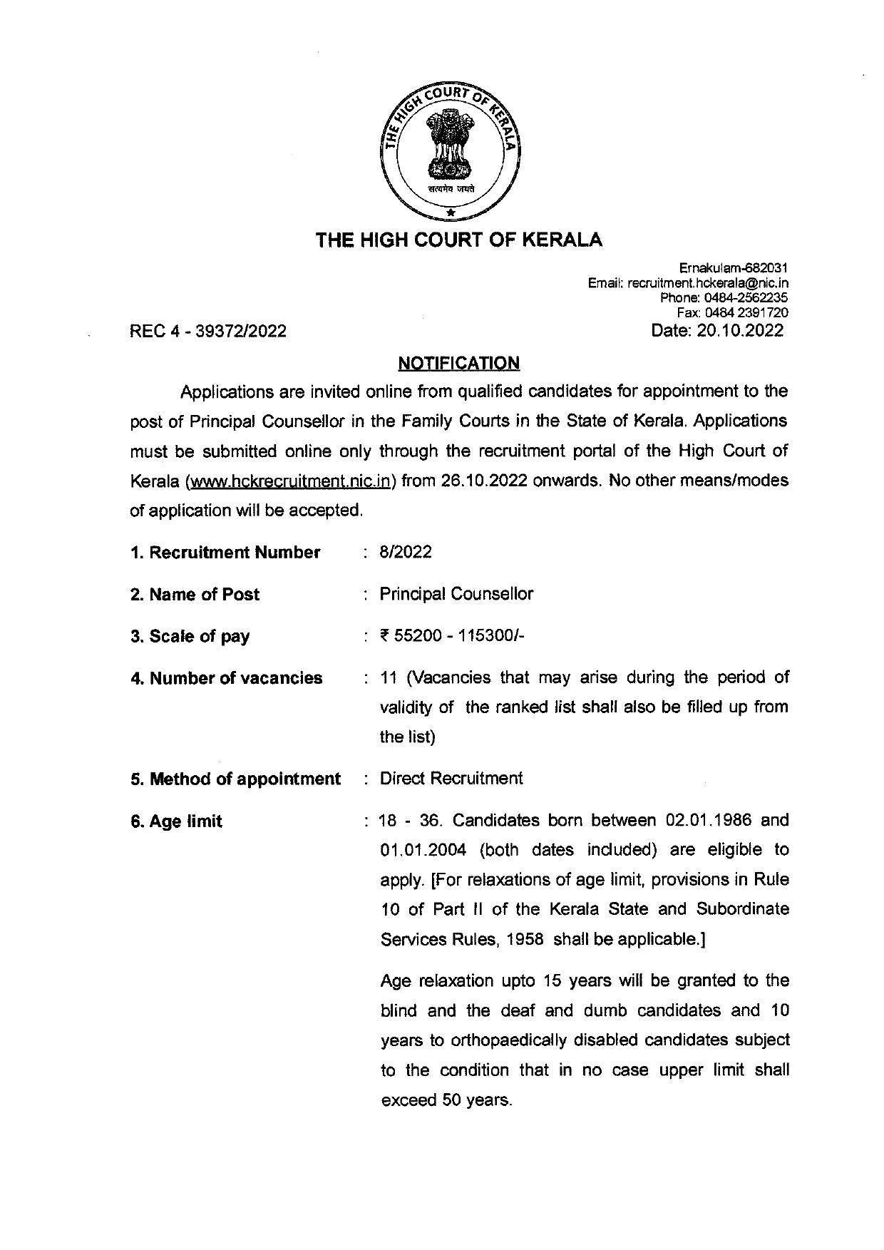 High Court of Kerala Invites Application for 11 Principal Counsellor Recruitment 2022 - Page 4