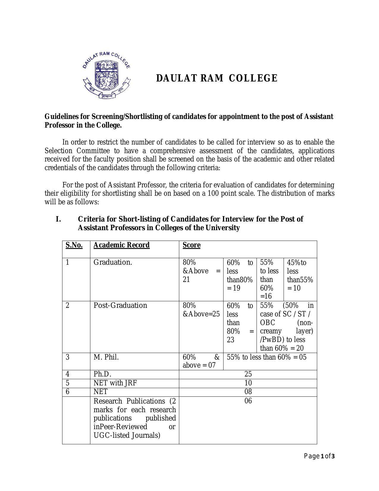 Daulat Ram College Assistant Professor Recruitment 2022 - Page 1