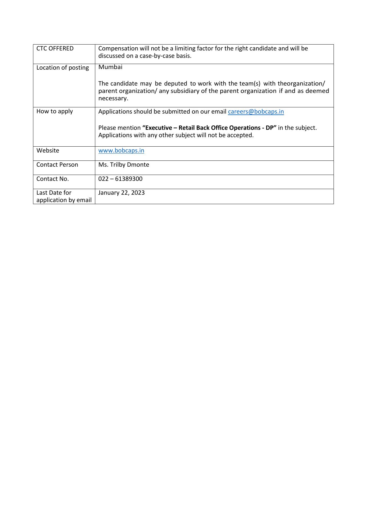 BOBCAPS Invites Application for Executive Recruitment 2023 - Page 1