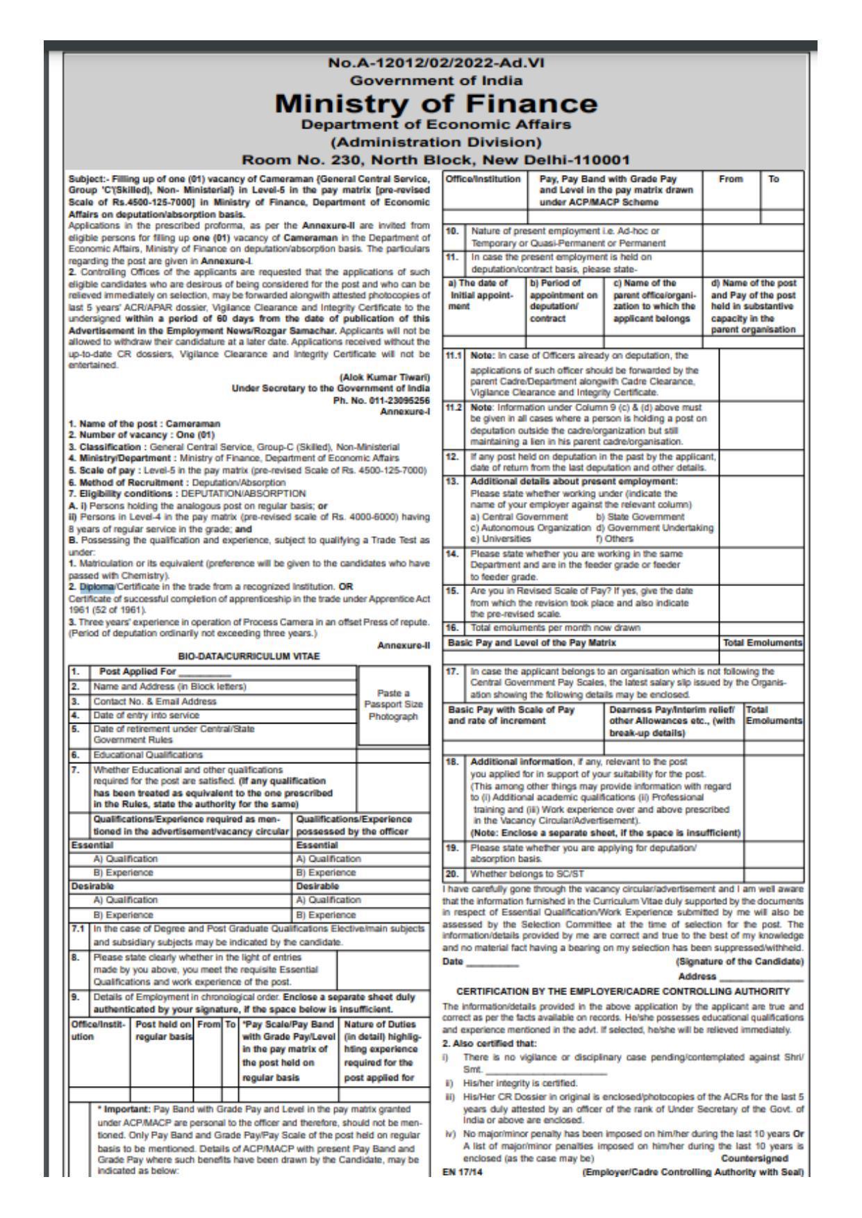 Ministry of Finance Invites Application for Cameraman Recruitment 2022 - Page 1