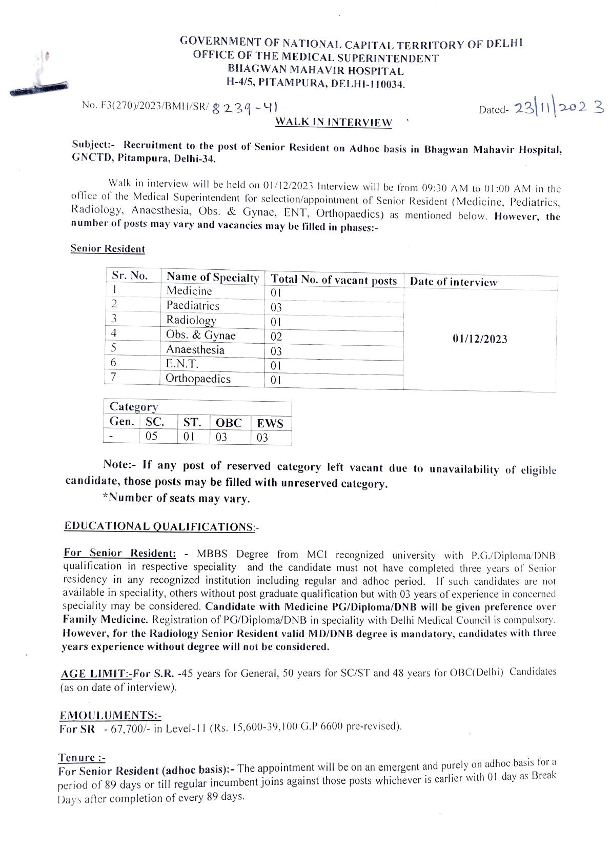 Bhagwan Mahavir Hospital Senior Resident Recruitment 2023 - Page 2
