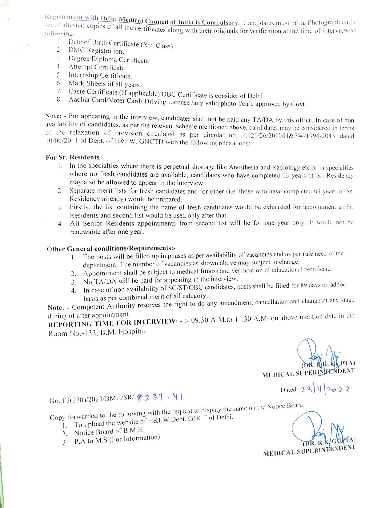 Bhagwan Mahavir Hospital Senior Resident Recruitment 2023 - Page 1