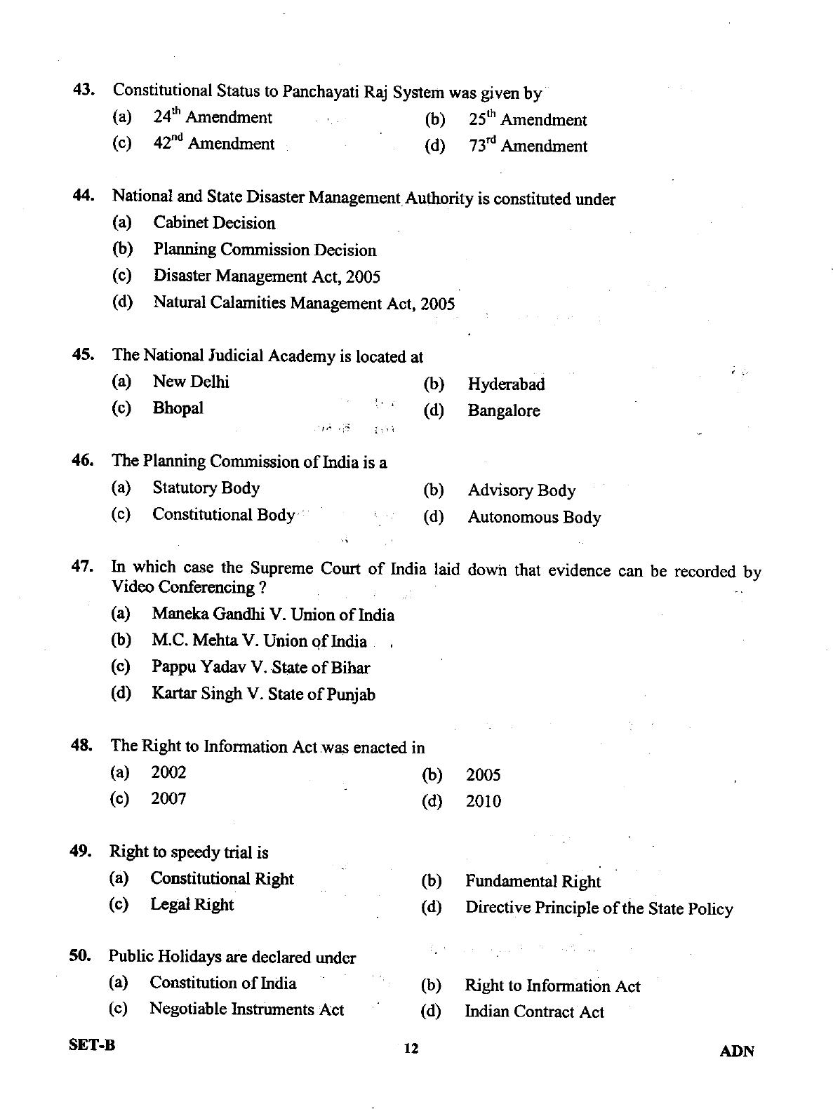 Uttarakhand Judicial Service Civil Judge (Junior Division) Exam-2011 Pre Examination  - Page 12