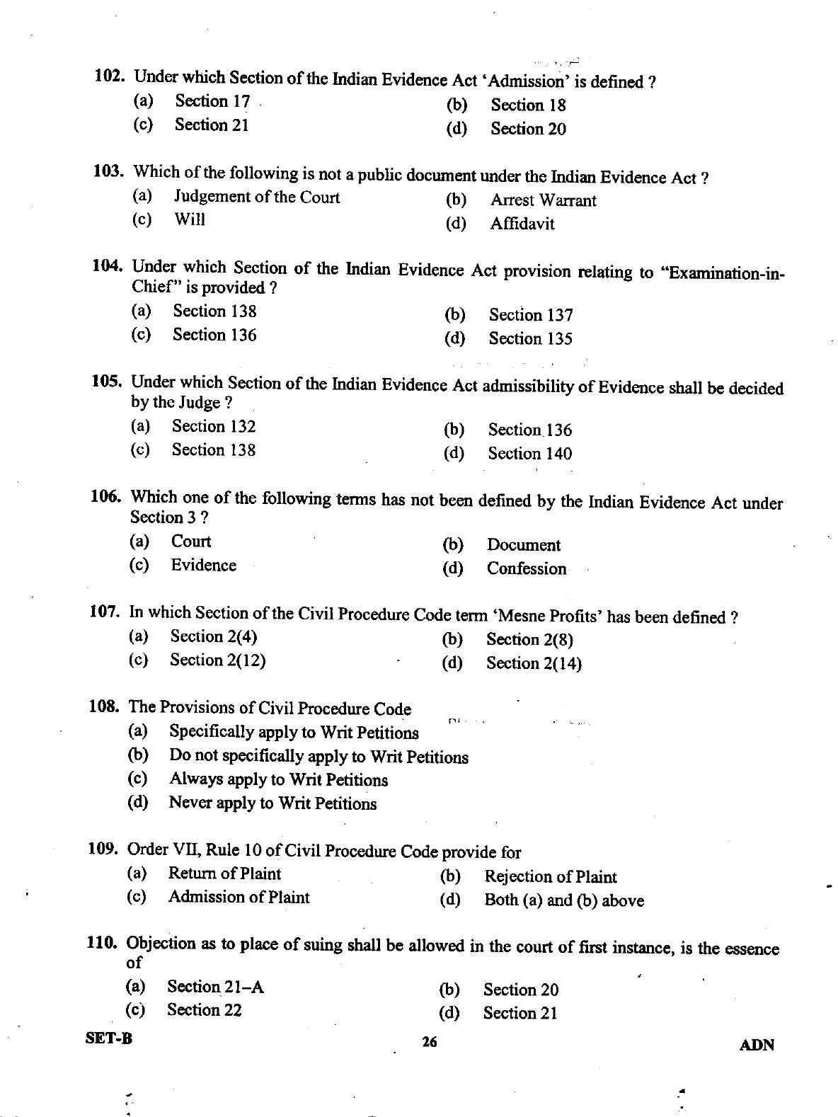 Uttarakhand Judicial Service Civil Judge (Junior Division) Exam-2011 Pre Examination  - Page 26
