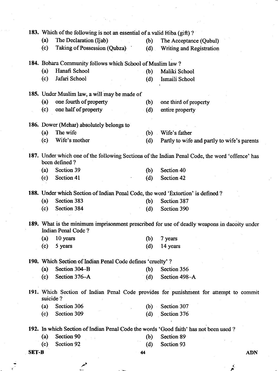 Uttarakhand Judicial Service Civil Judge (Junior Division) Exam-2011 Pre Examination  - Page 44