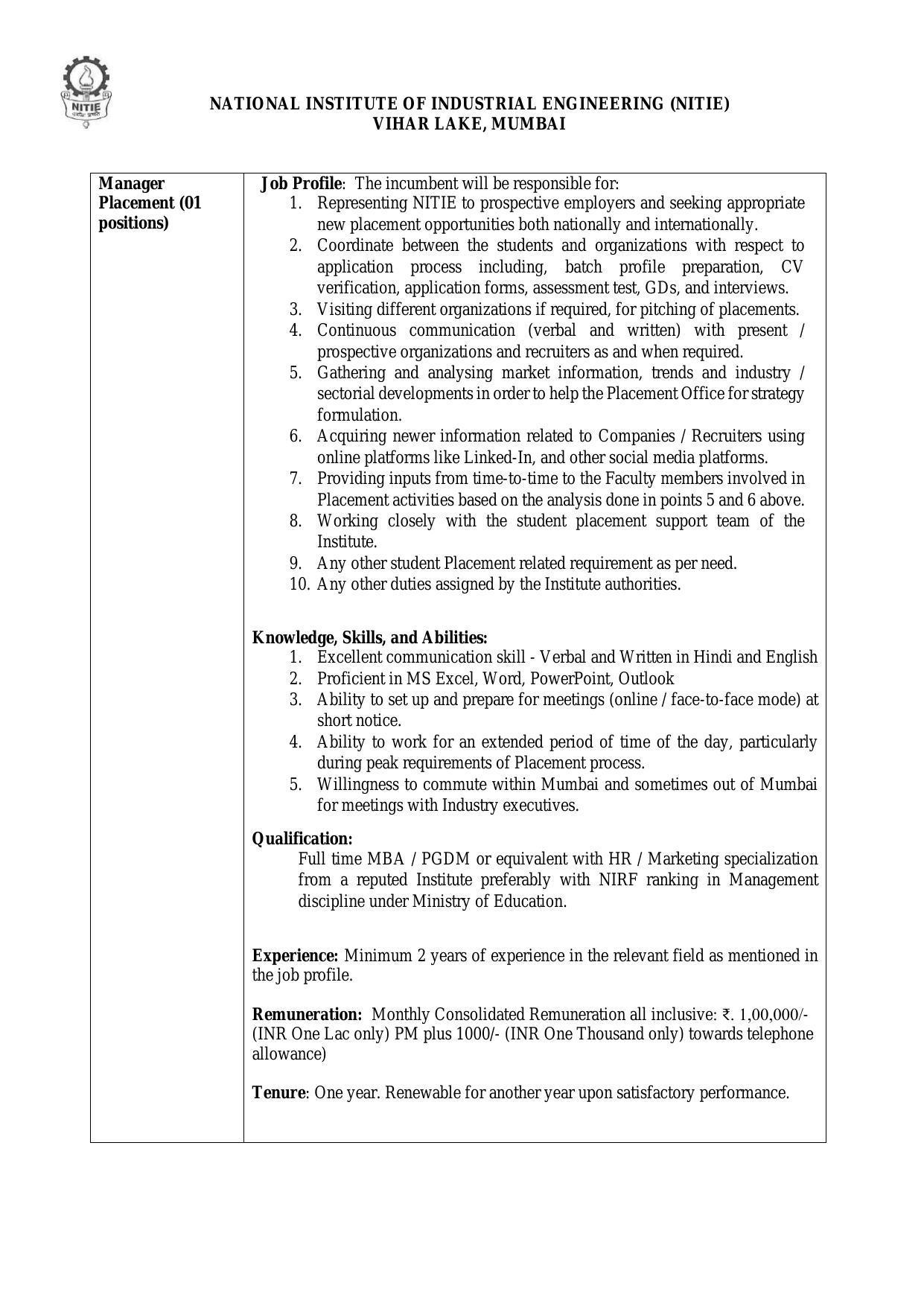 National Institute of Industrial Engineering (NITIE) Invites Application for Manager Recruitment 2022 - Page 2