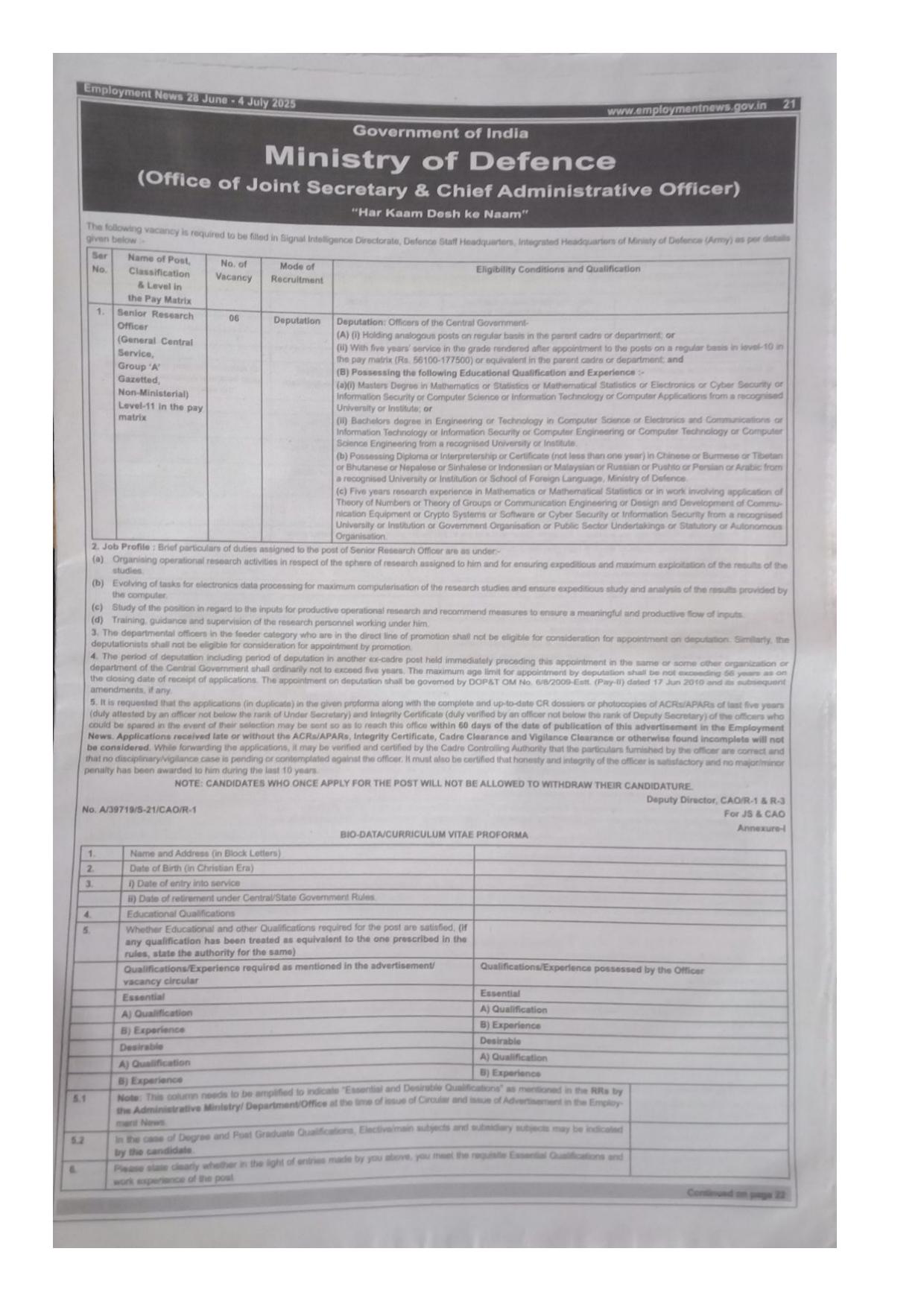 Ministry of Defence (MoD) Senior Research Officer Recruitment 2025 - Page 1