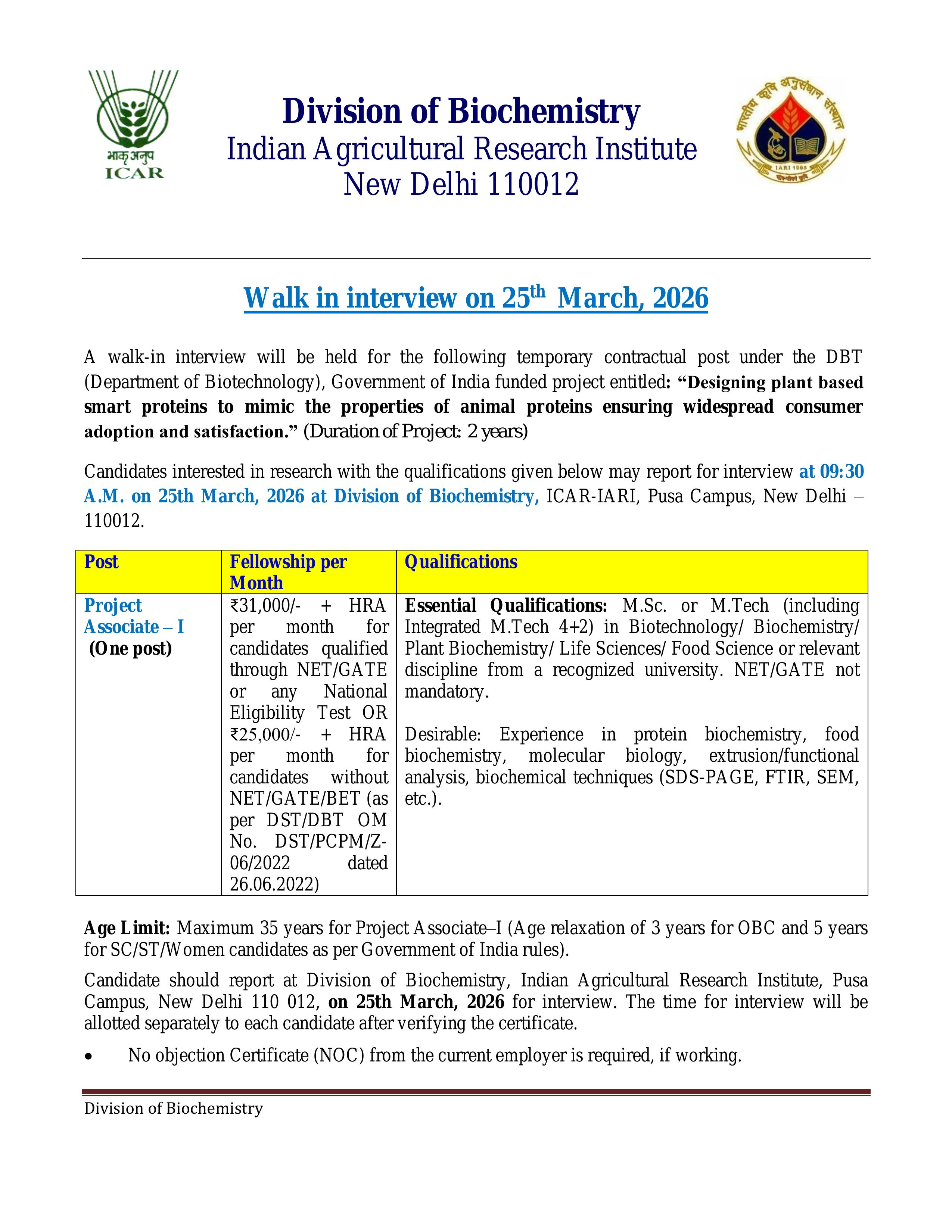 ICAR IARI Recruitment 2026: Project Associate – I Walk-in Interview Notification, Eligibility, Salary - Page 1
