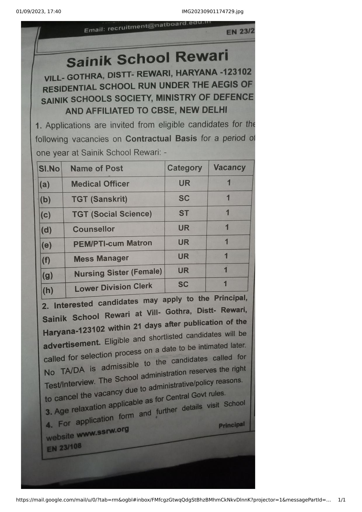 Sainik School Rewari LDC, TGT and Various Posts Recruitment 2023 - Page 1