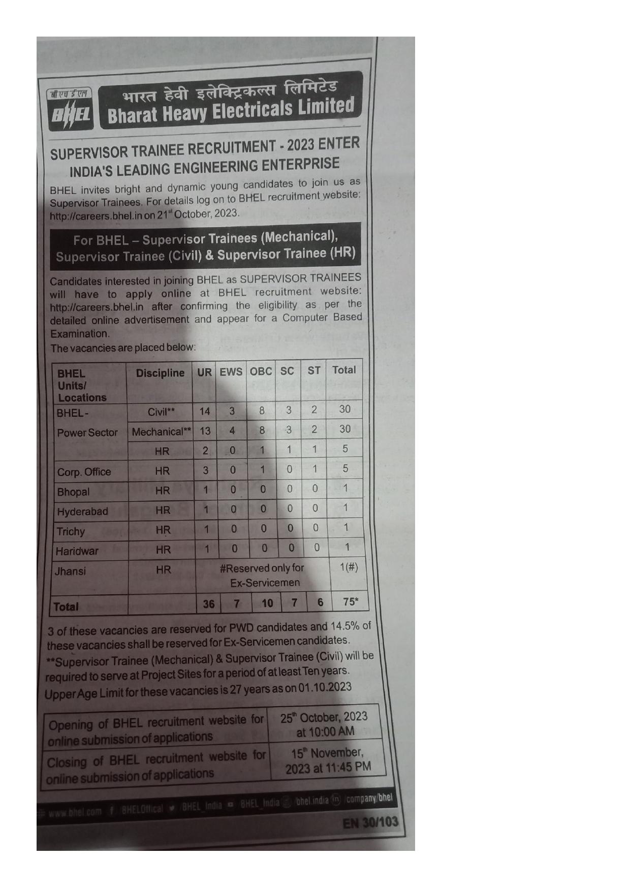 Bharat Heavy Electricals Limited (BHEL) Invites Application for 75 Supervisor Trainees Recruitment 2023 - Page 1
