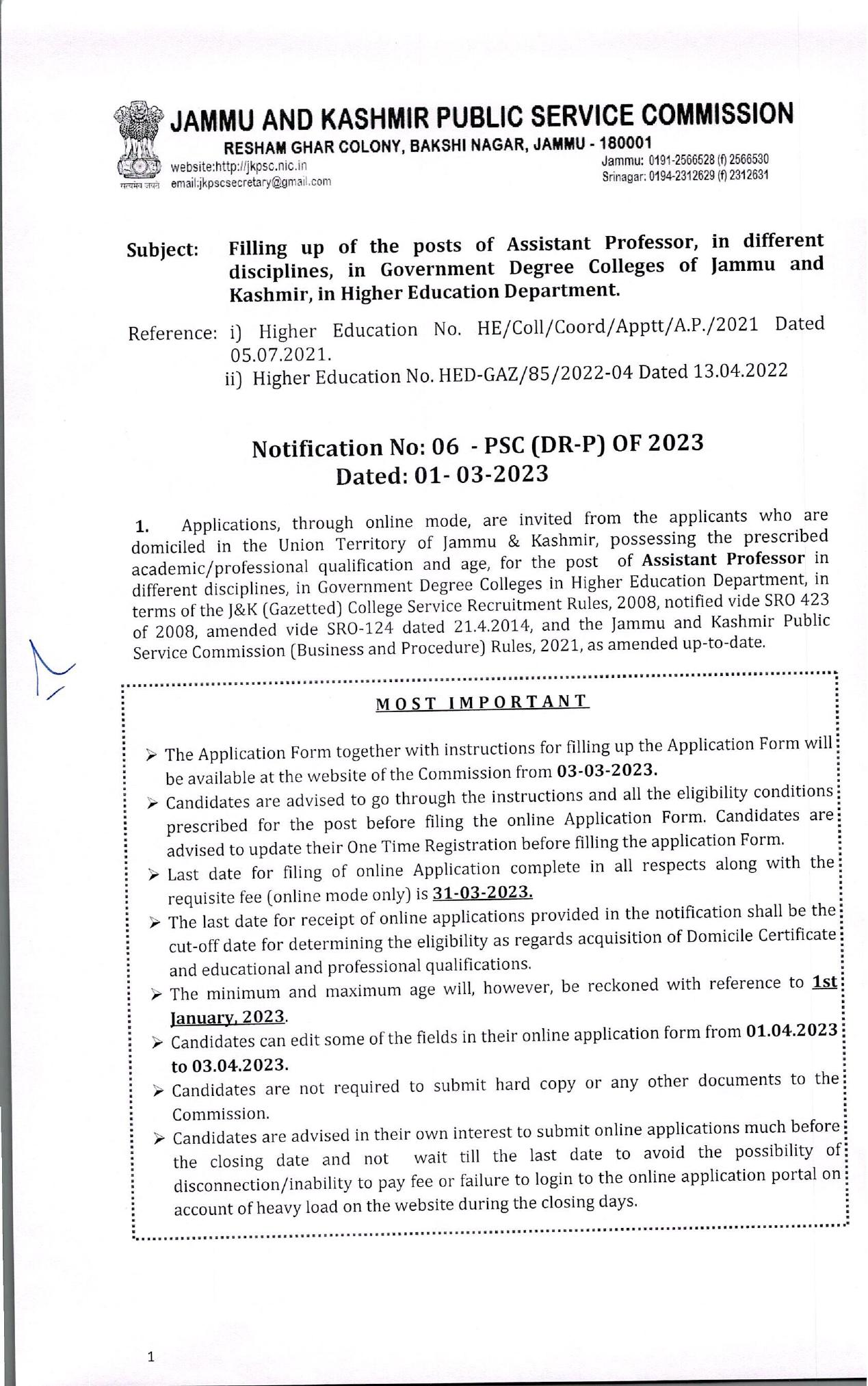 JKPSC 285 Assistant Professor Recruitment 2023 - Page 1
