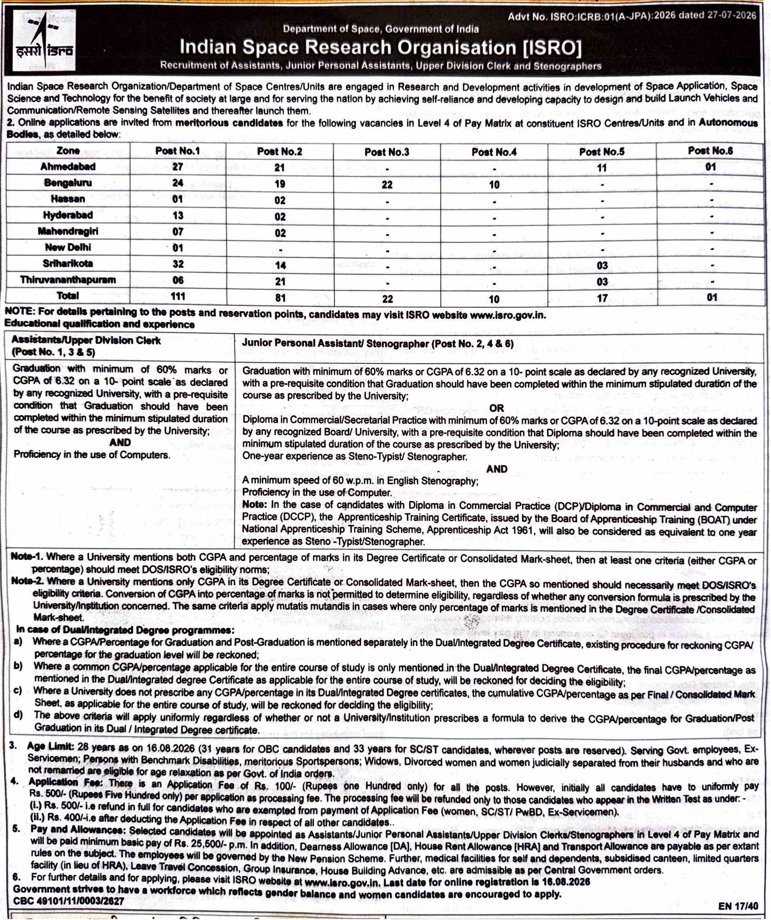 ISRO Recruitment 2026 for 242 Assistant, JPA, UDC, Stenographer - Page 1