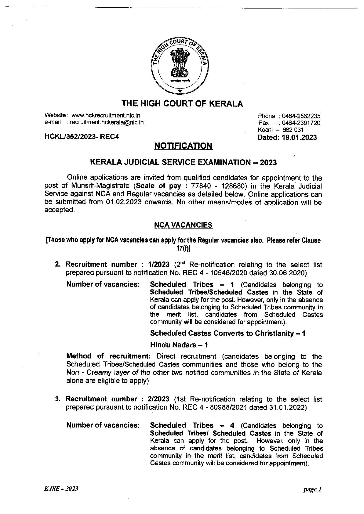 High Court of Kerala (HCK) Invites Application for 69 Munsiff - Magistrate Recruitment 2023 - Page 1