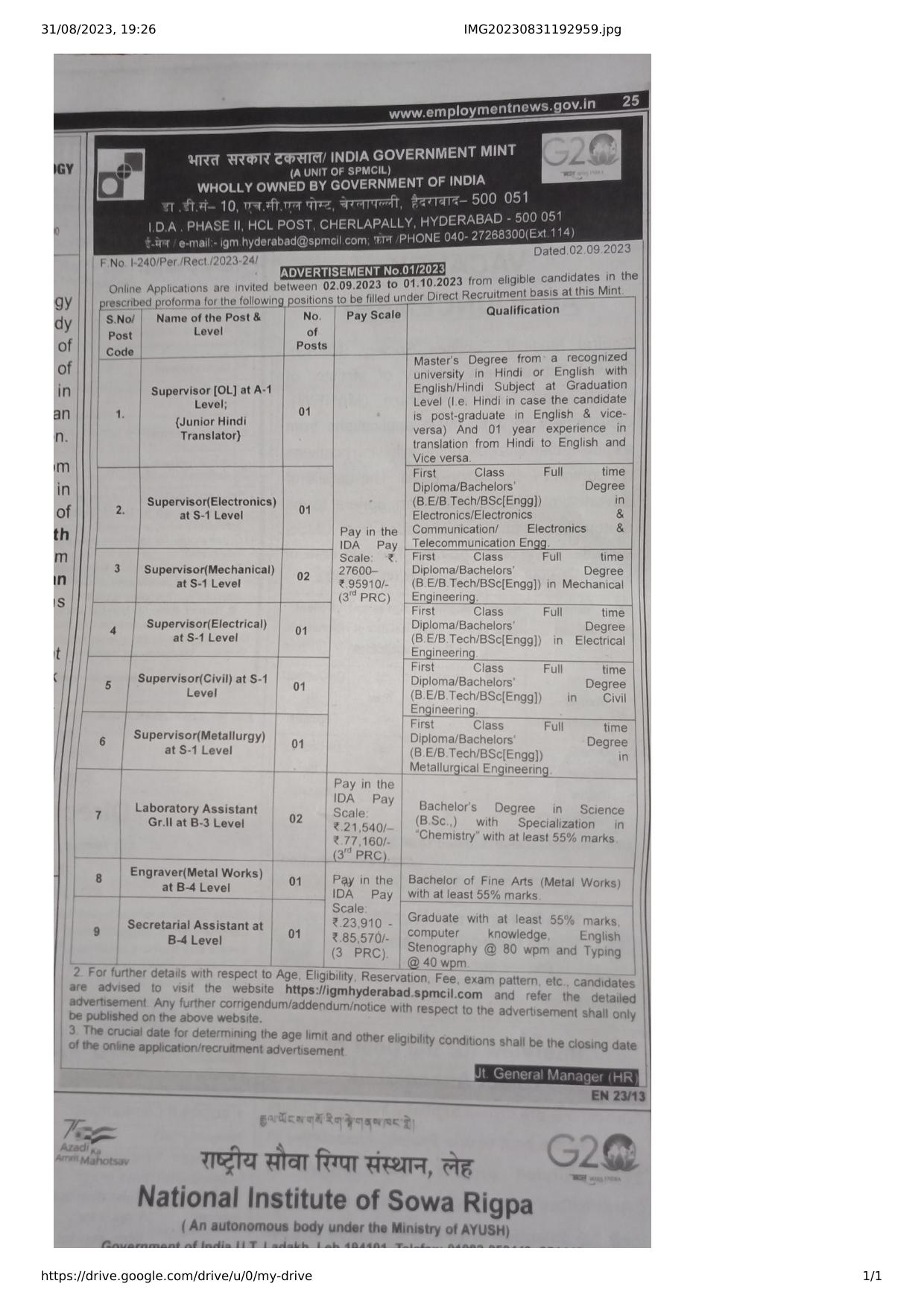 IGM Hyderabad Supervisor and Various Posts Recruitment 2023 - Page 1