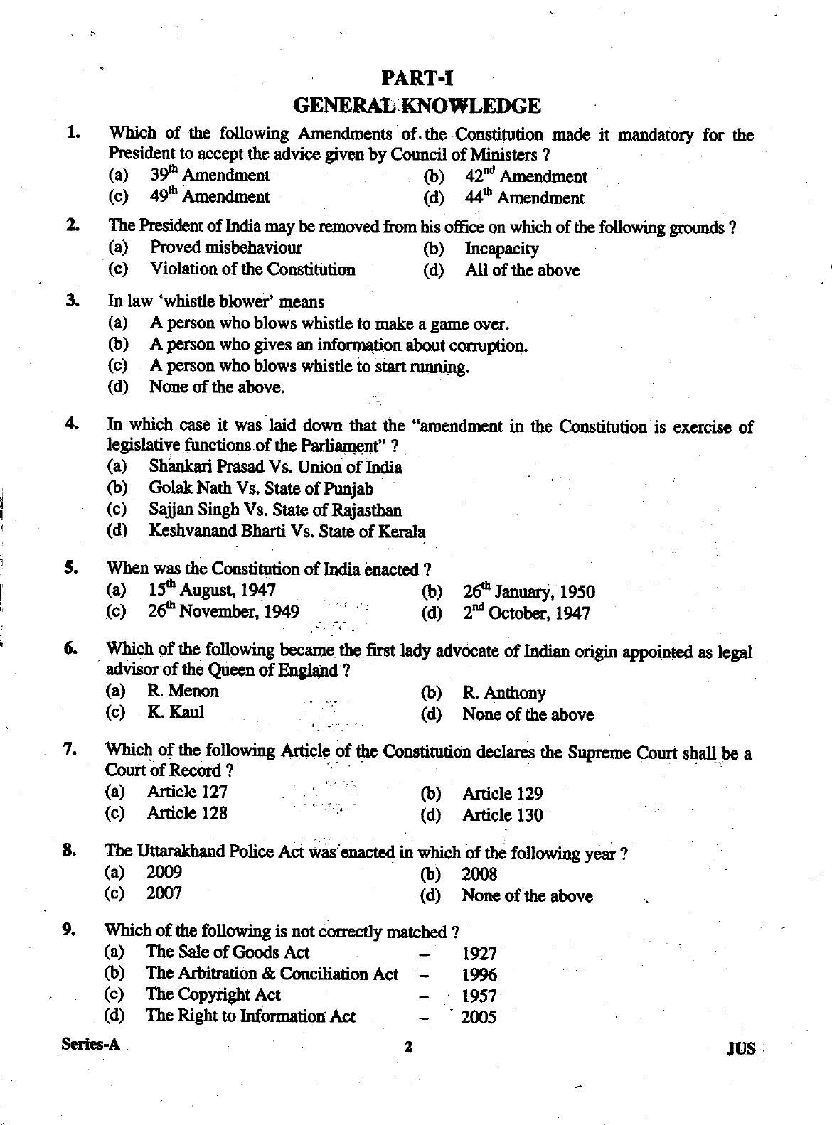 Uttarakhand Judicial Service Civil Judge (Junior Division) Exam-2012 Pre Examination  - Page 2