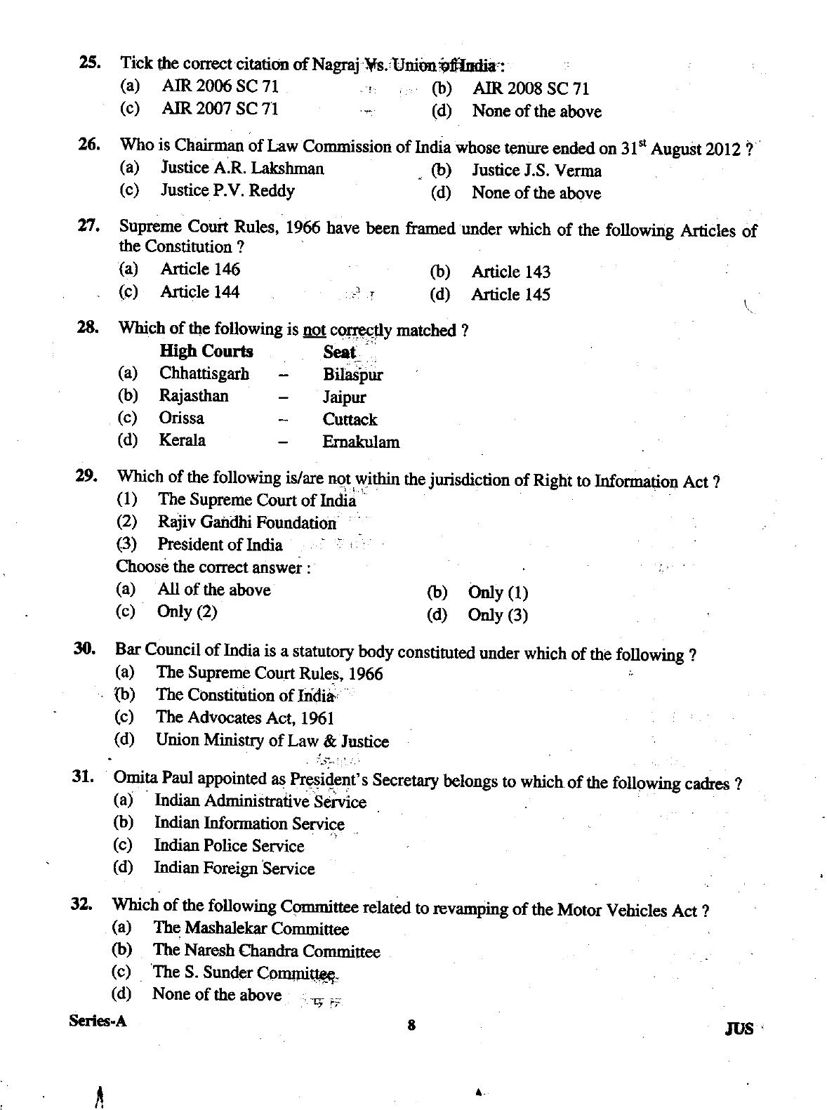 Uttarakhand Judicial Service Civil Judge (Junior Division) Exam-2012 Pre Examination  - Page 8