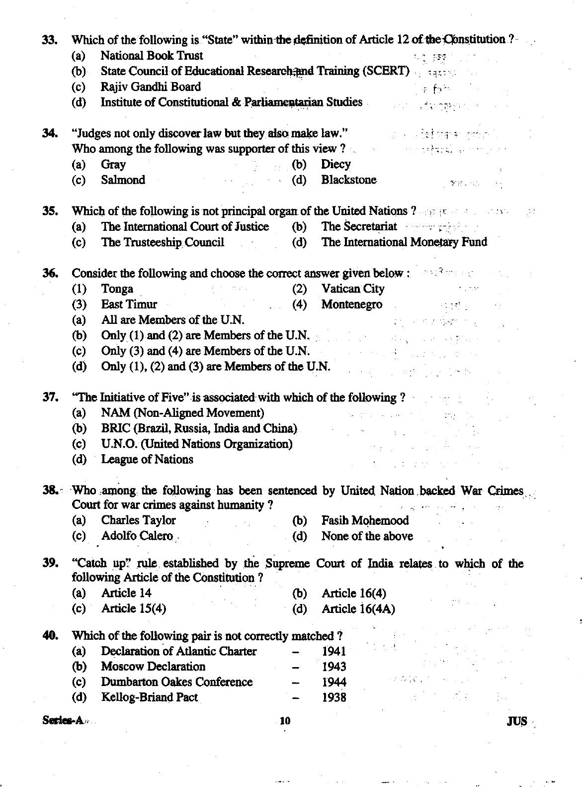 Uttarakhand Judicial Service Civil Judge (Junior Division) Exam-2012 Pre Examination  - Page 10