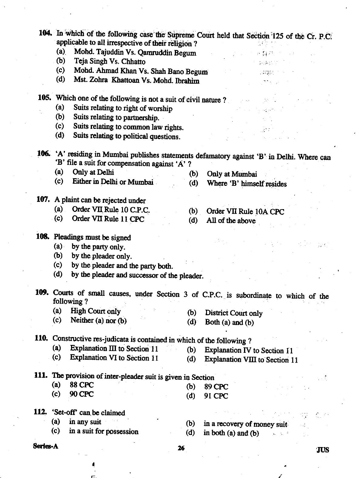 Uttarakhand Judicial Service Civil Judge (Junior Division) Exam-2012 Pre Examination  - Page 26