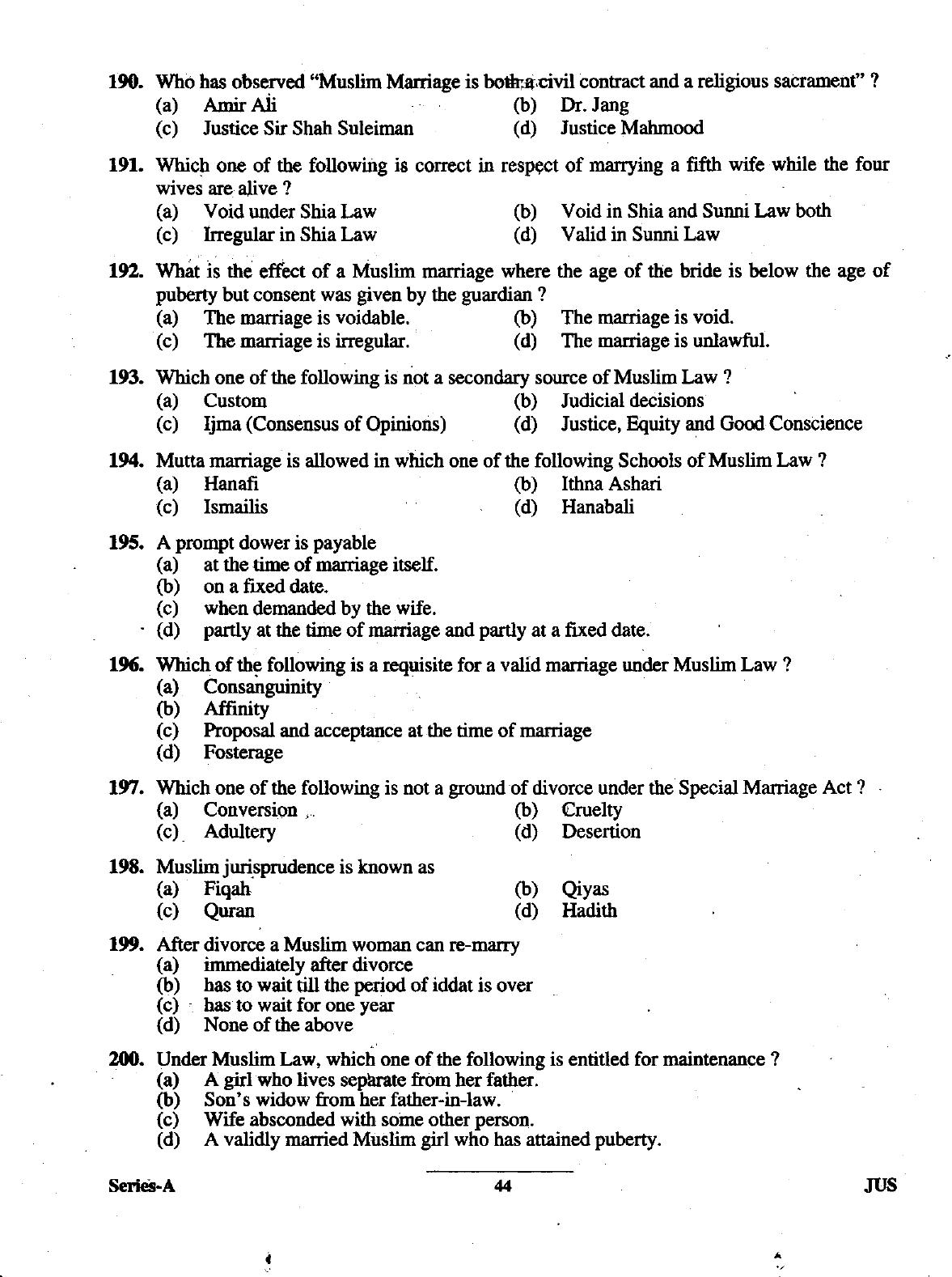 Uttarakhand Judicial Service Civil Judge (Junior Division) Exam-2012 Pre Examination  - Page 44