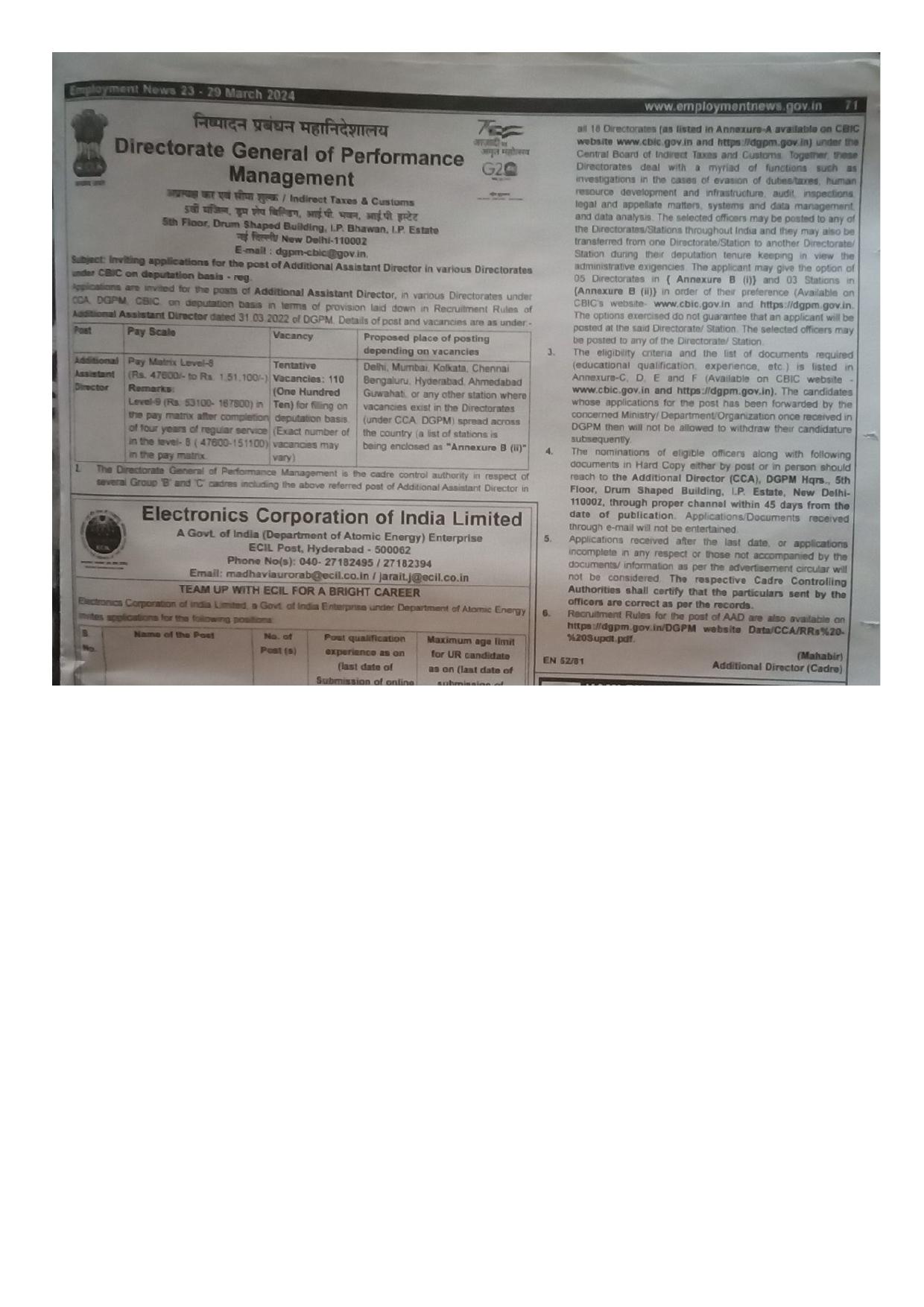 DGPM Recruitment For 110 Additional Assistant Director - Page 1