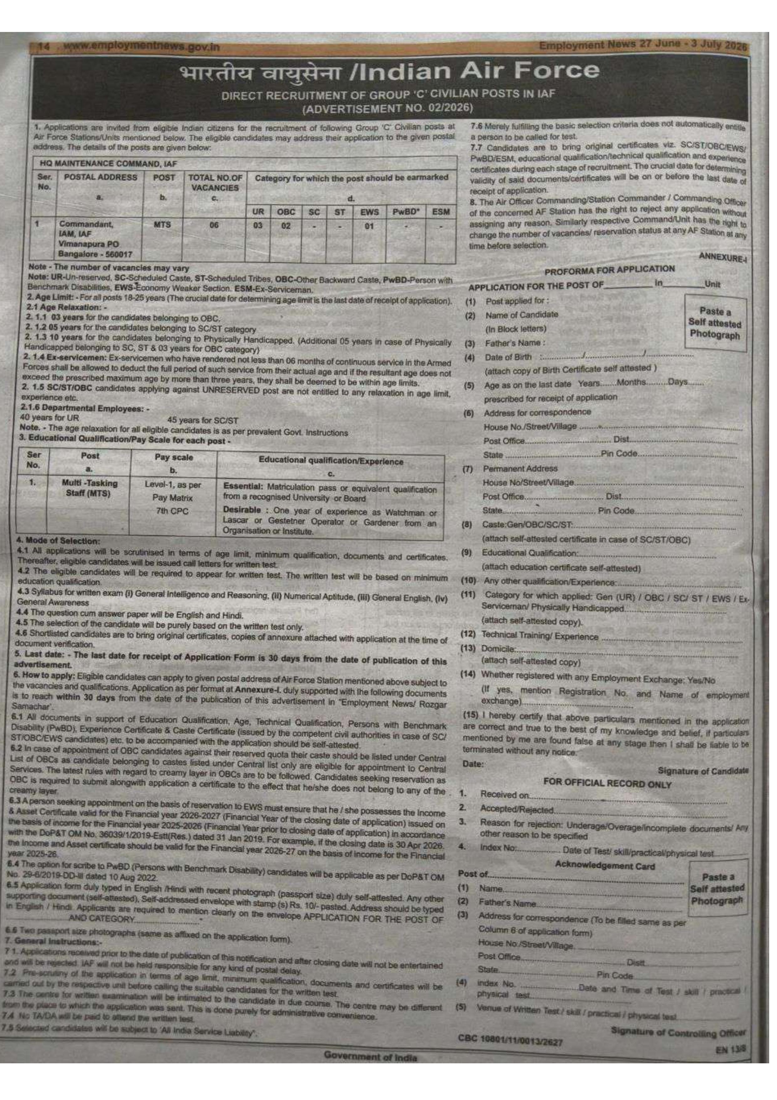 Indian Air Force Recruitment 2026 for 6 MTS Posts – Apply Offline @ indianairforce.nic.in - Page 1