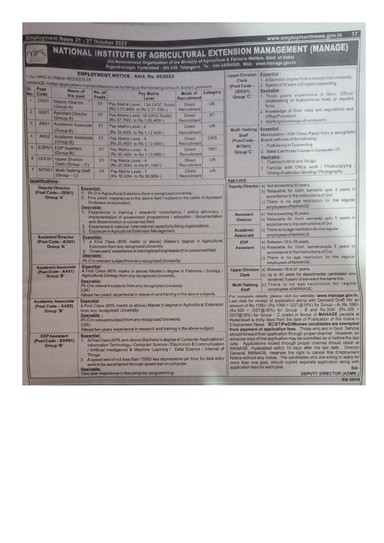 MANAGE Clerk, Multi-Tasking Staff (MTS) and Various Posts Recruitment 2023 - Page 1
