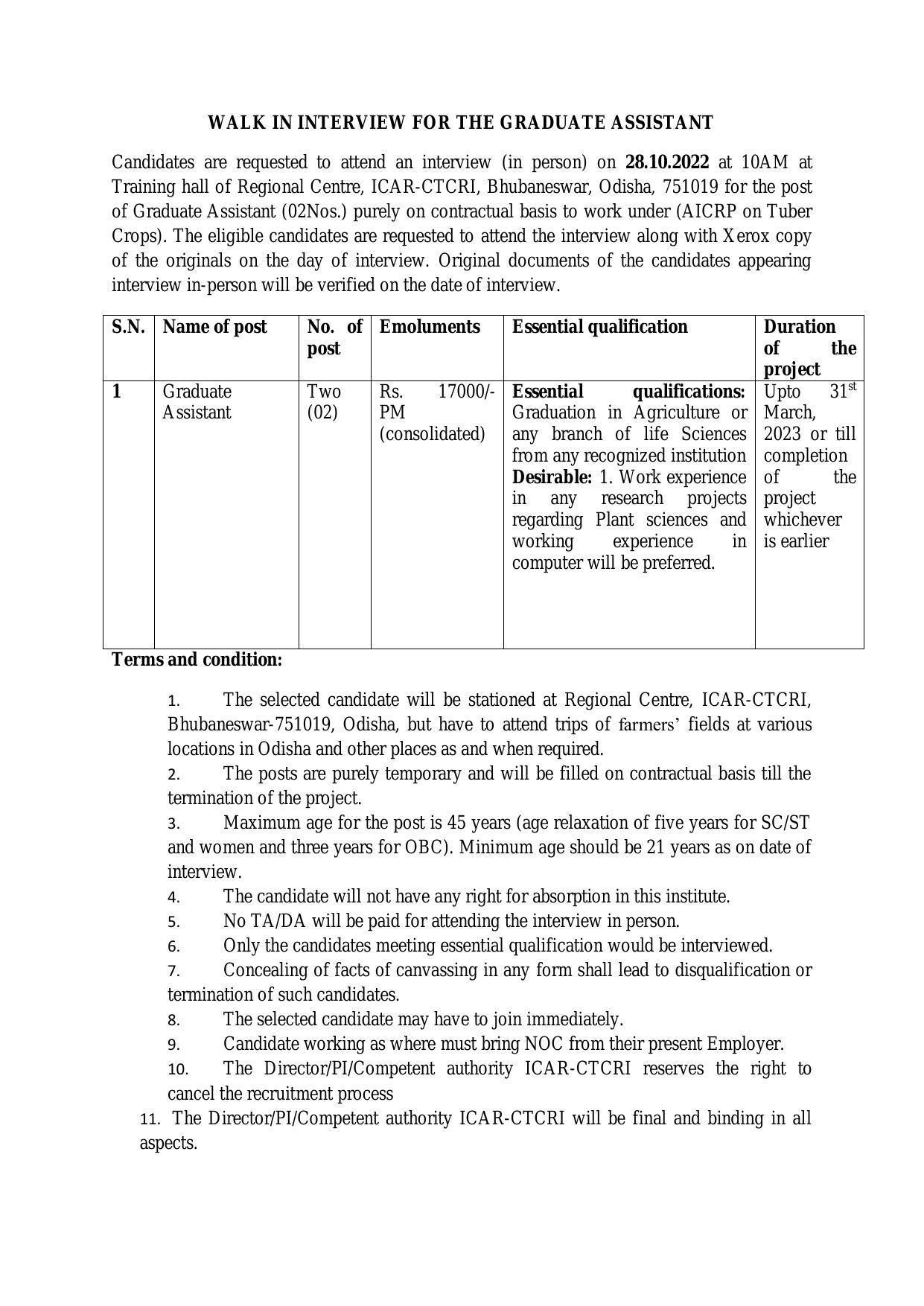 CTCRI Invites Application for Graduate Assistant Recruitment 2022 - Page 1