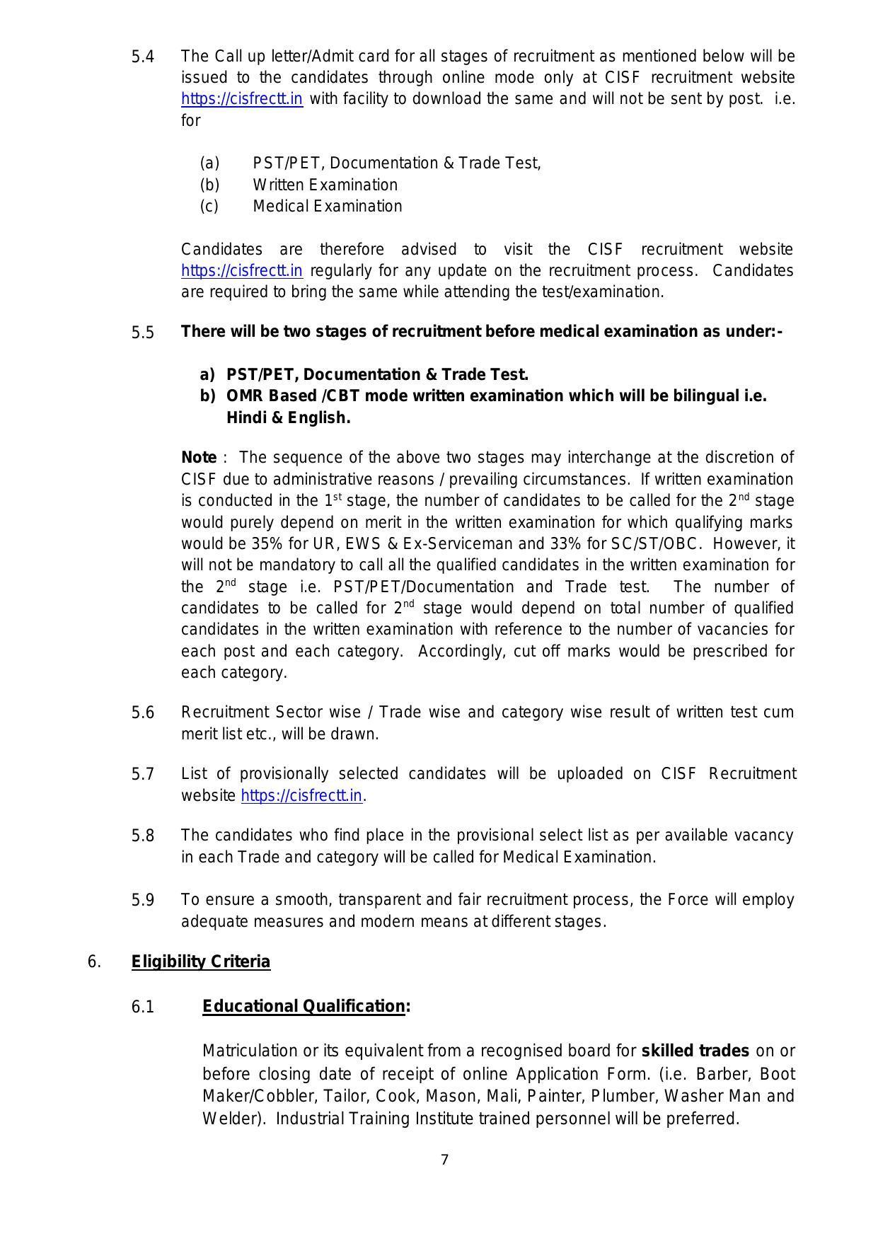 CISF Recruitment 2022 For 787 Constable (Tradesman) - Page 29