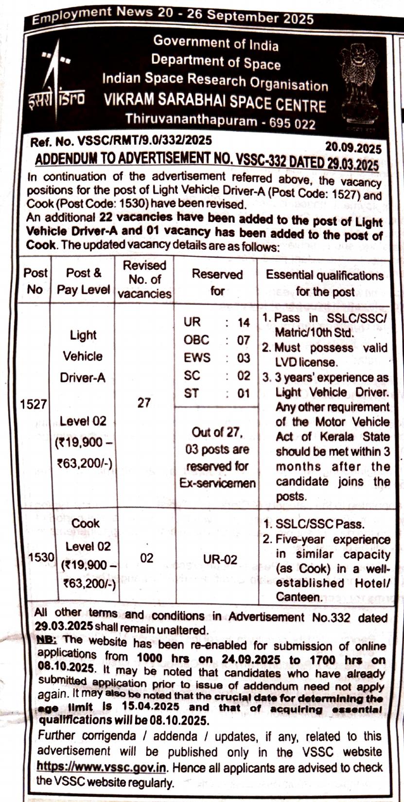 Vikram Sarabhai Space Centre (VSSC) Light Vehicle Driver, Cook Recruitment 2025 - Page 1
