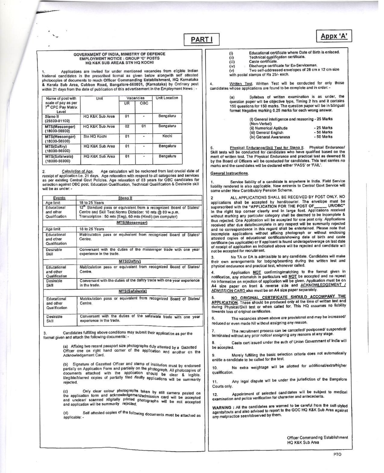 Headquarter Karnataka & Kerala Sub Area Steno-II, MTS (Messenger / Daftry & Safaiwala) Recruitment 2022 - Page 1