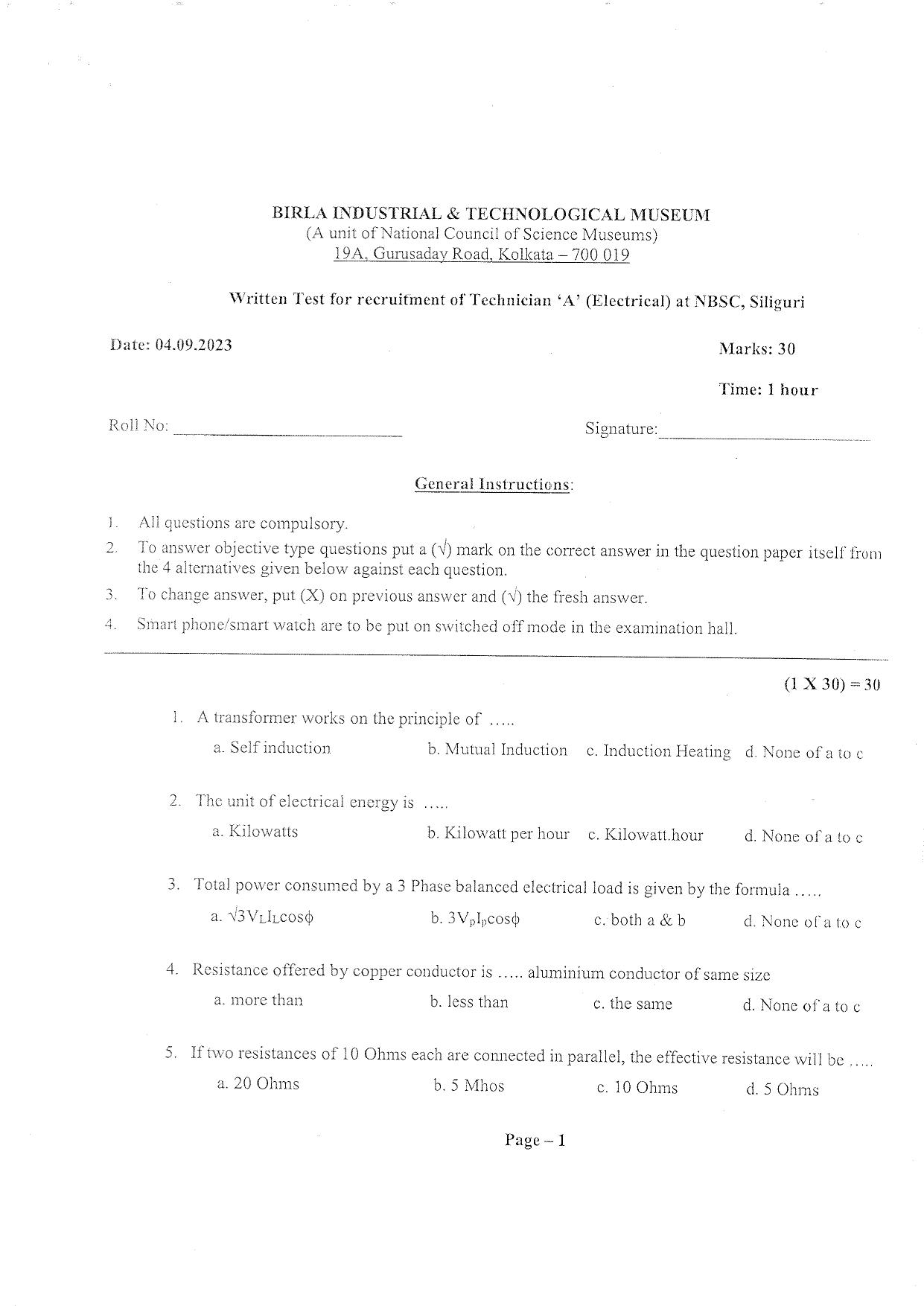 Question Paper of Technician ‘A’ (Electrical) at NBSC, Siliguri (Advertisement No. 3/2023) - Page 1