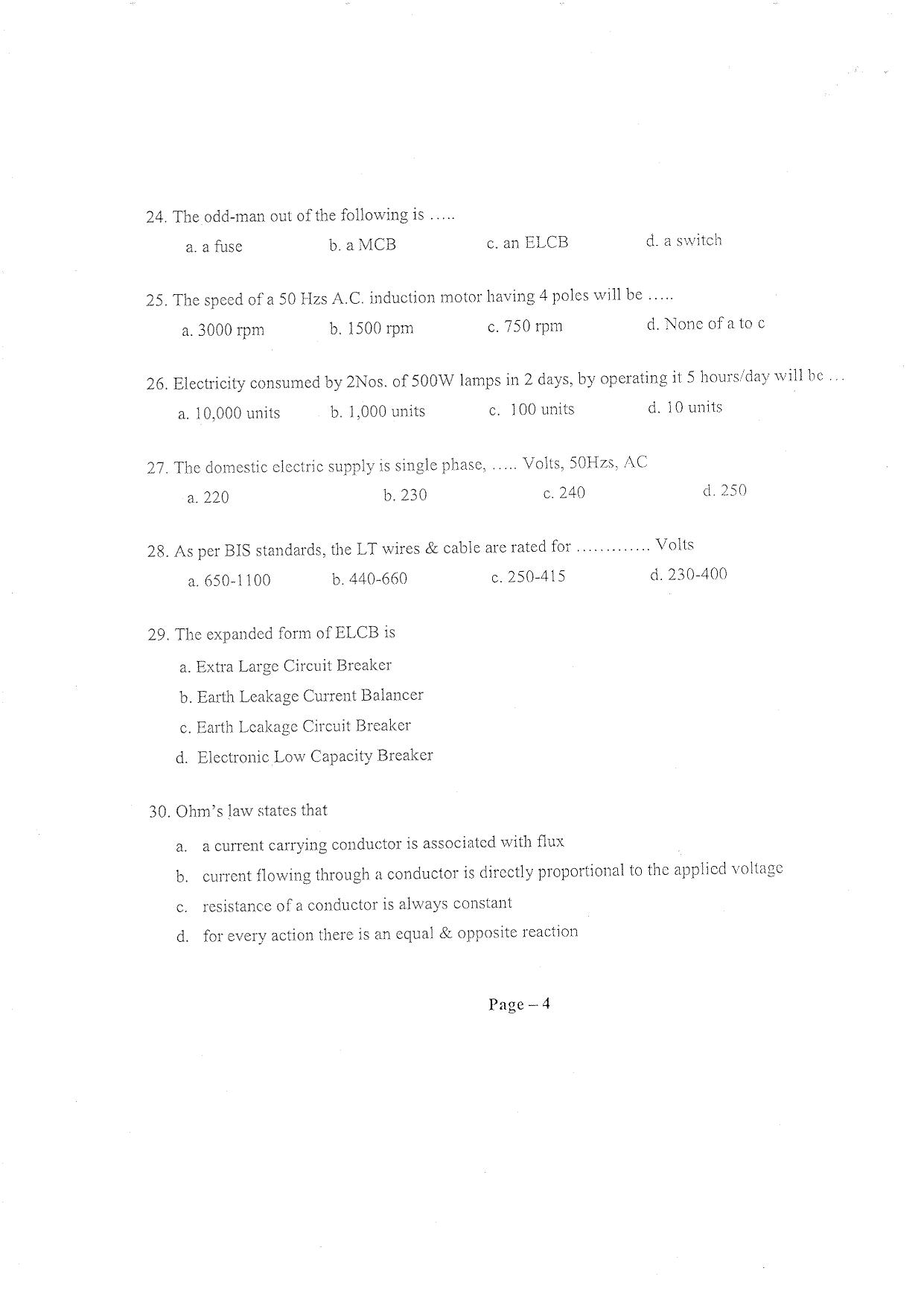 Question Paper of Technician ‘A’ (Electrical) at NBSC, Siliguri (Advertisement No. 3/2023) - Page 4