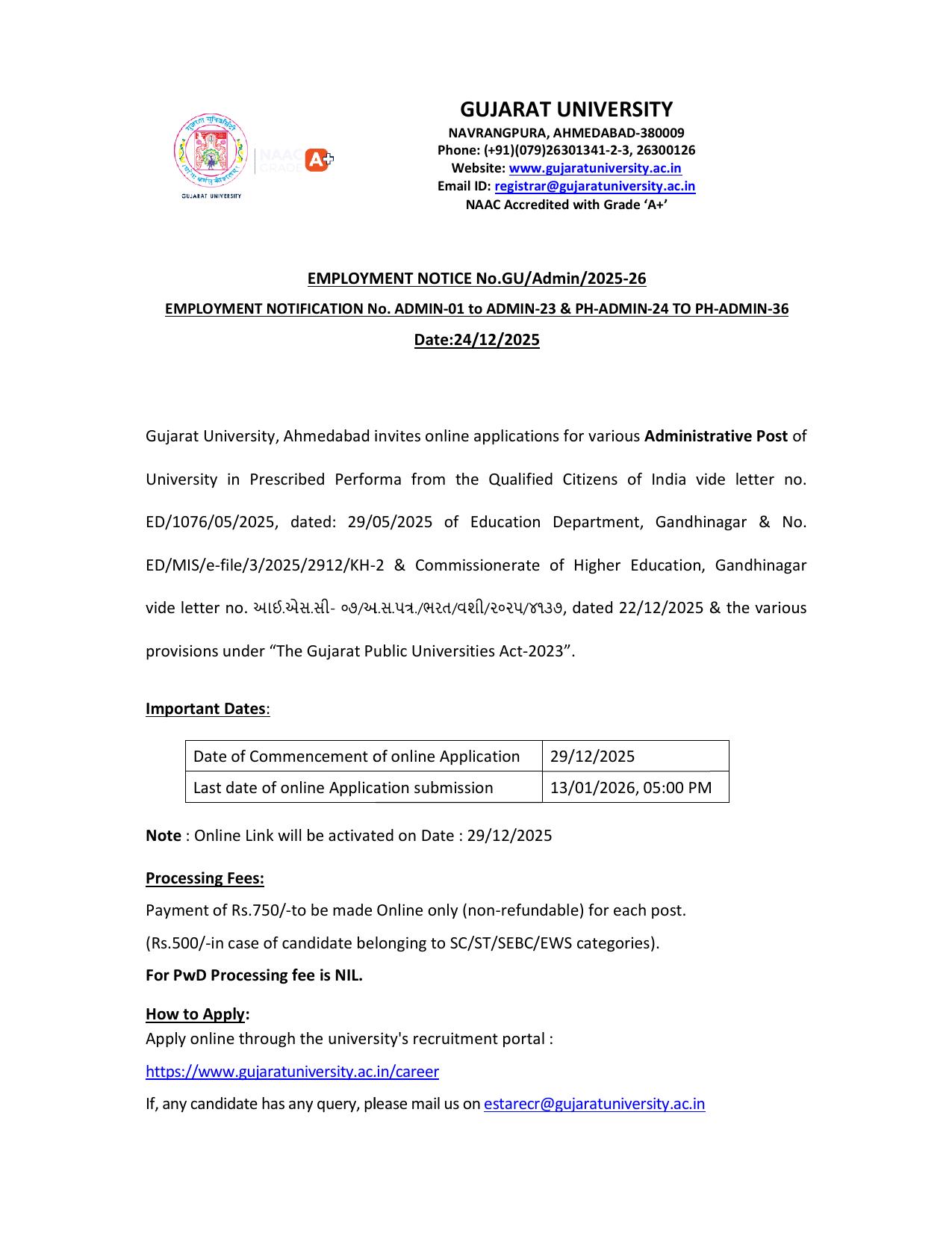 Gujarat University Various Administrative Posts Recruitment 2025 – Vacancy, Apply Online @ www.gujaratuniversity.ac.in - Page 1