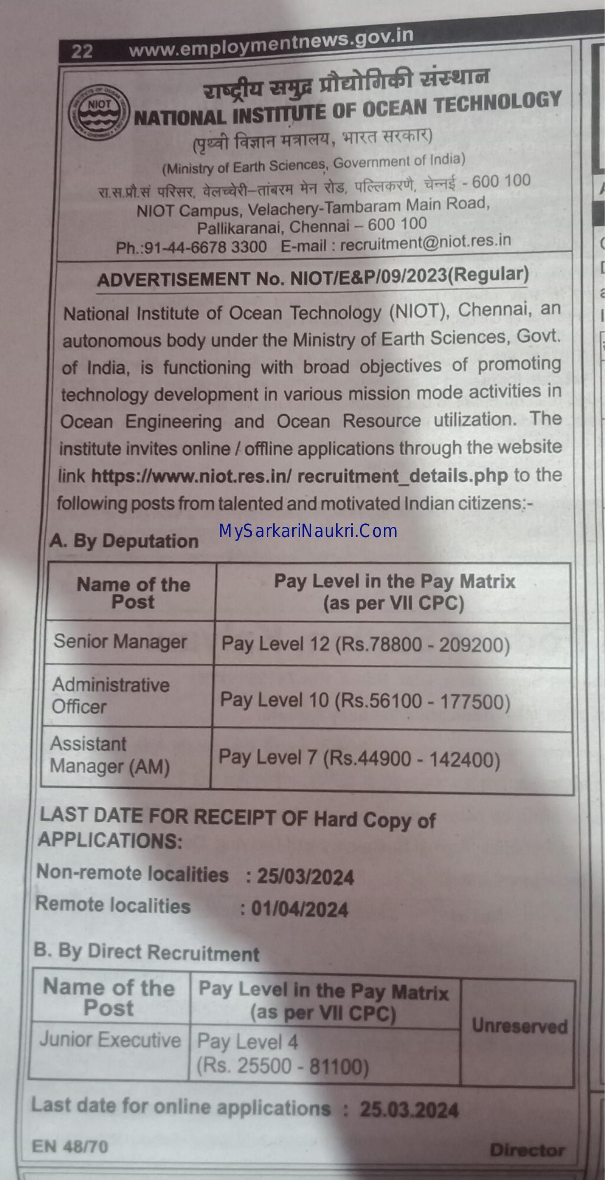 NIOT Junior Executive and Various Posts Recruitment 2024 - Page 1