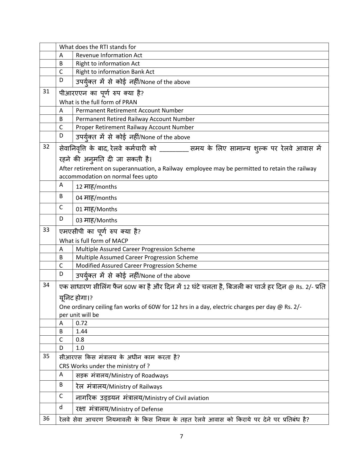 South Western Railway Senior Clerk Level 5 Electrical (Shift-1) Question Paper - Page 7