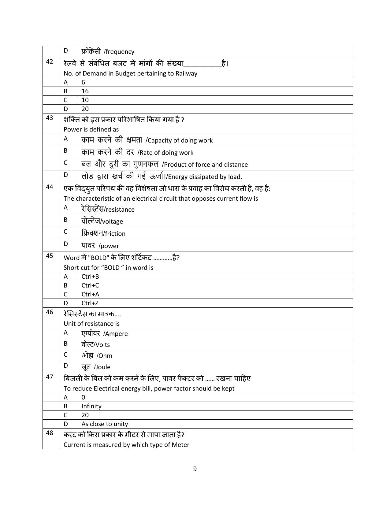 South Western Railway Senior Clerk Level 5 Electrical (Shift-1) Question Paper - Page 9