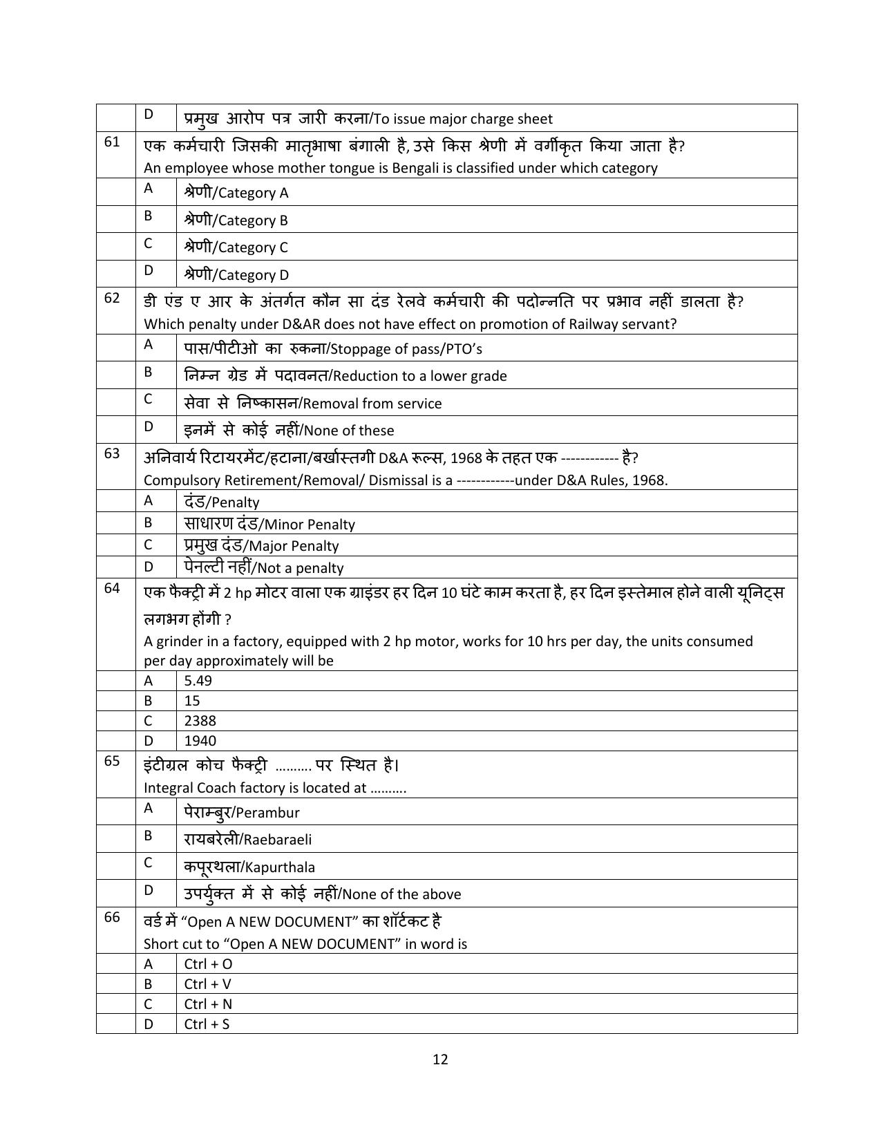 South Western Railway Senior Clerk Level 5 Electrical (Shift-1) Question Paper - Page 12
