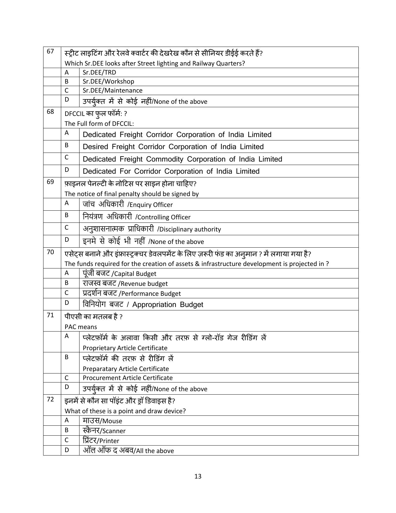 South Western Railway Senior Clerk Level 5 Electrical (Shift-1) Question Paper - Page 13