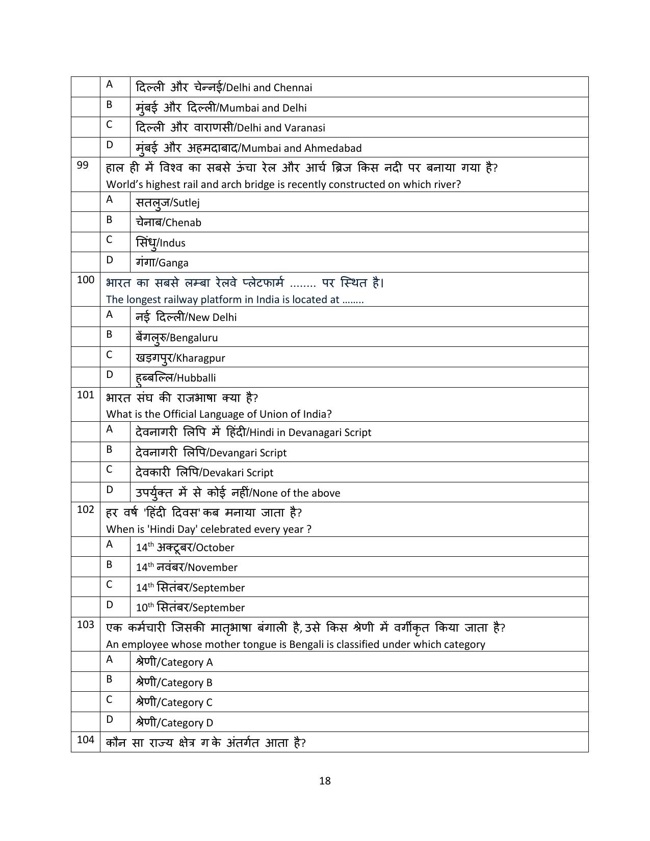South Western Railway Senior Clerk Level 5 Electrical (Shift-1) Question Paper - Page 18