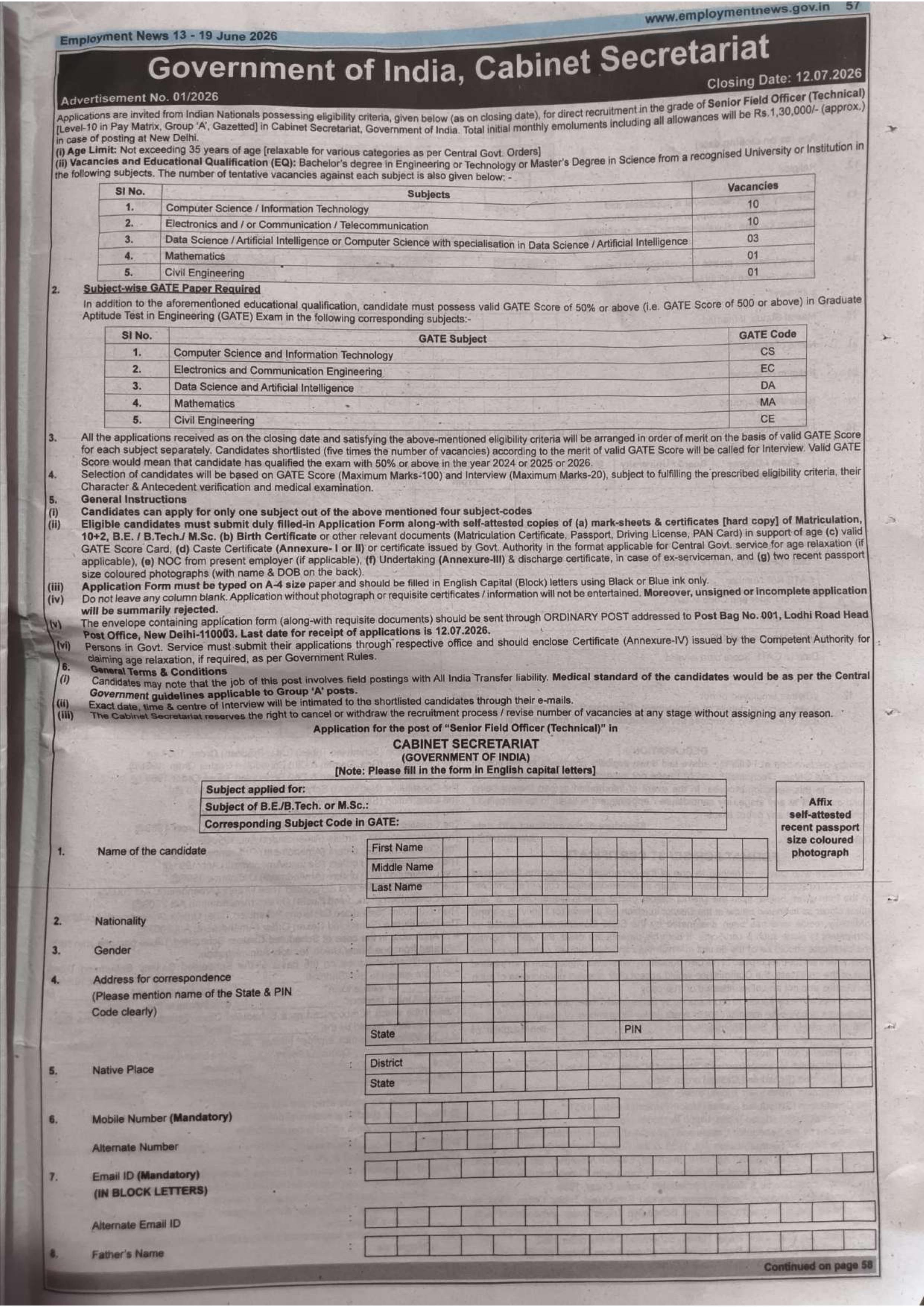Cabinet Secretariat Recruitment 2026 for 25 Senior Field Officer (Technical) Posts - Page 1
