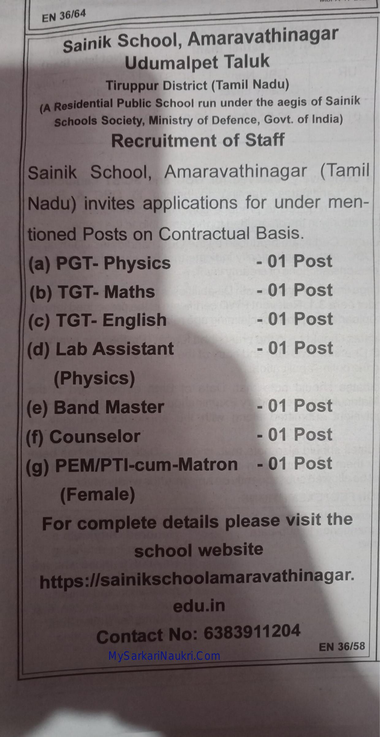 Sainik School Amaravathinagar TGT, PGT and Various Posts Recruitment 2023 - Page 1