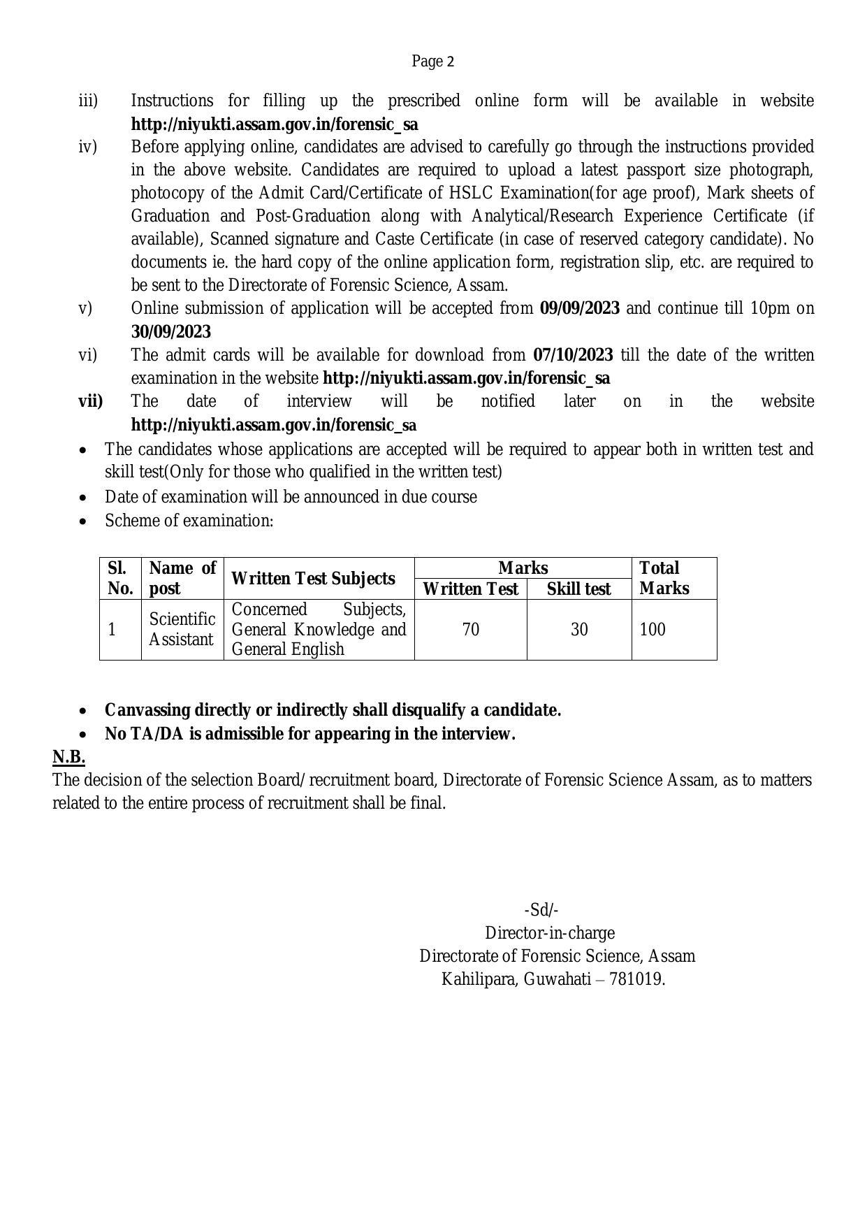 DFS Assam Scientific Assistant Recruitment 2023 - Page 1