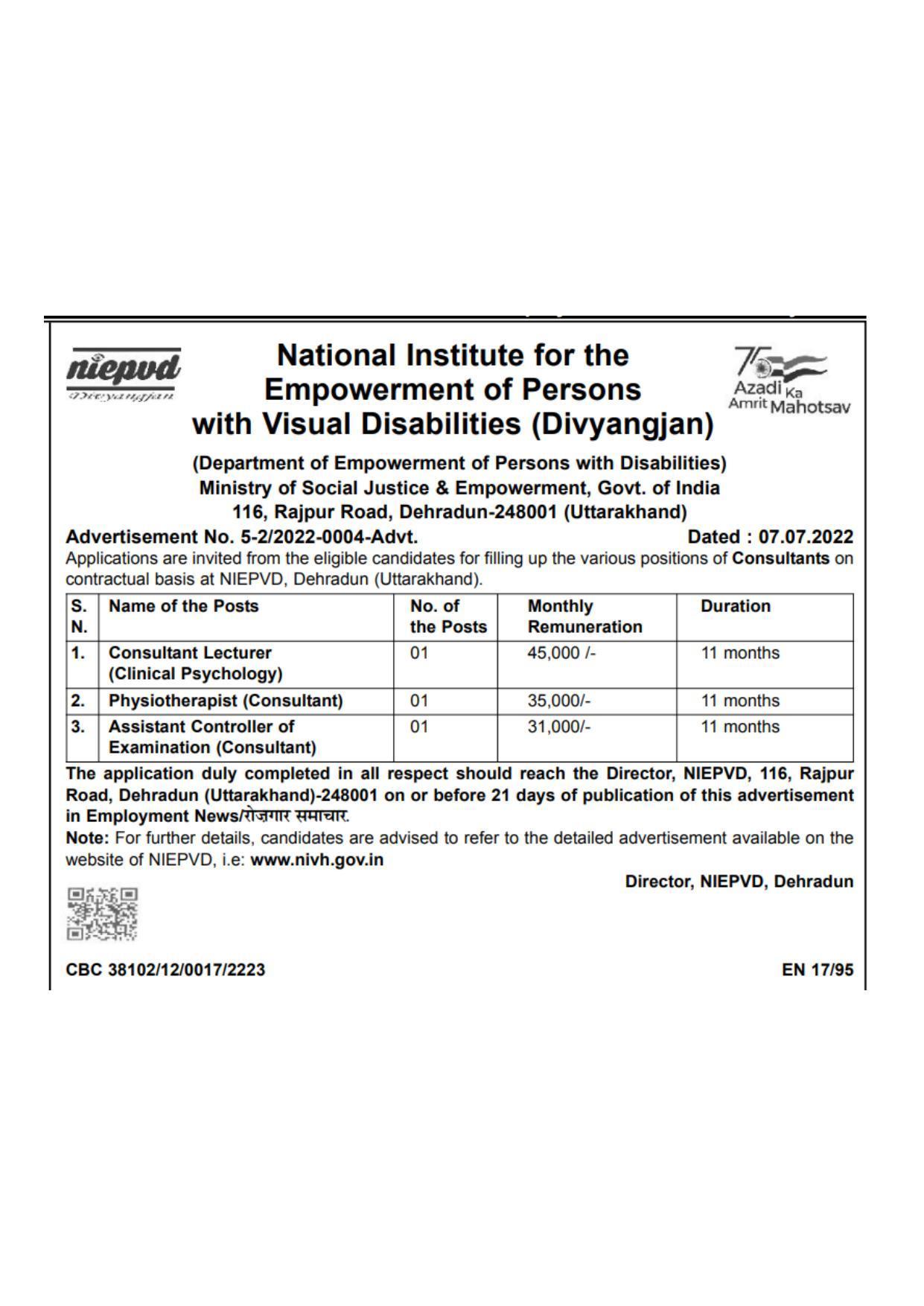 NIEPVD Invites Application for Consultant Lecturer, Physiotherapist, More Vacancies Recruitment 2022 - Page 1