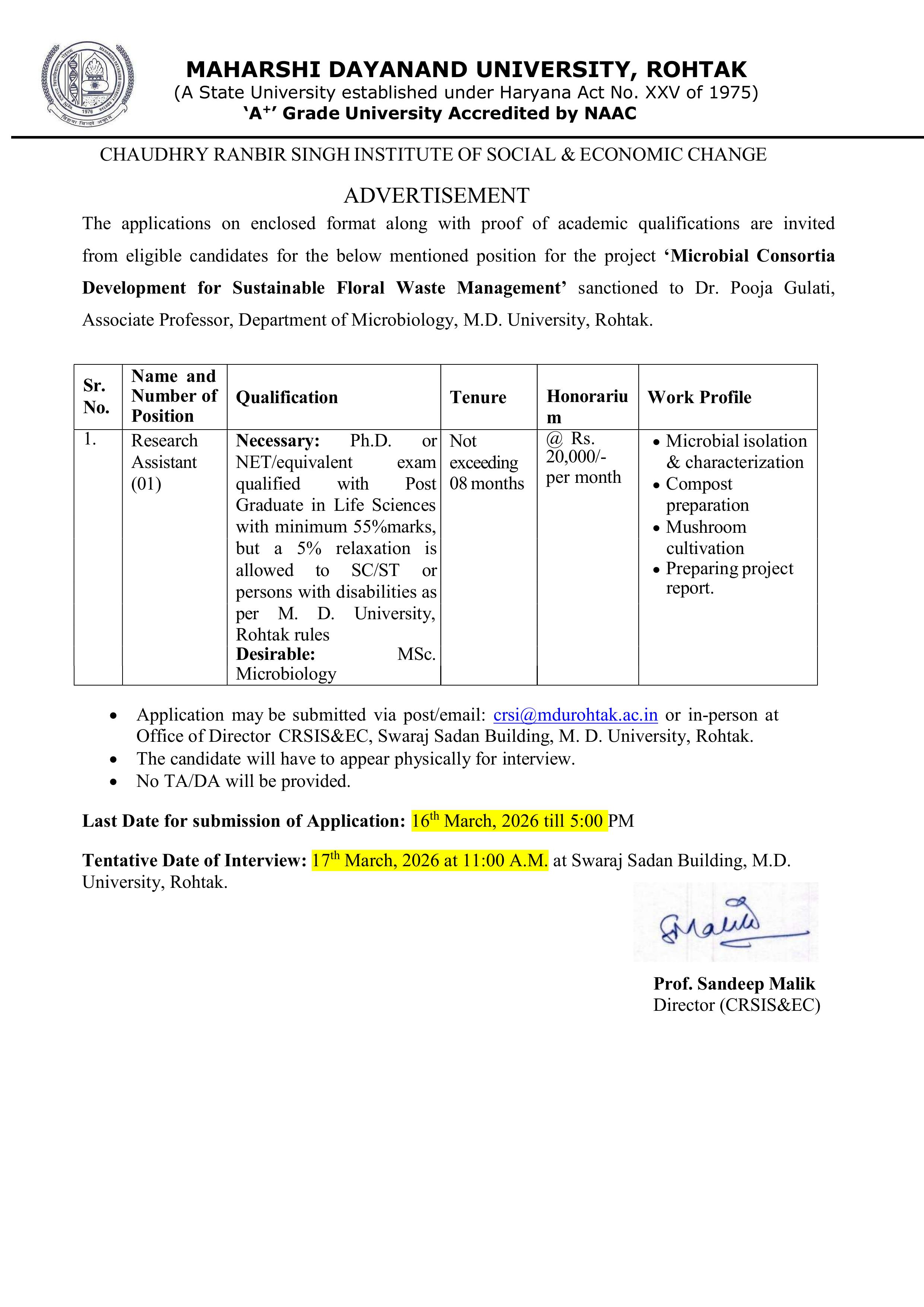 MDU Rohtak Research Assistant Recruitment 2026 - Notification, Eligibility, Salary - Page 1