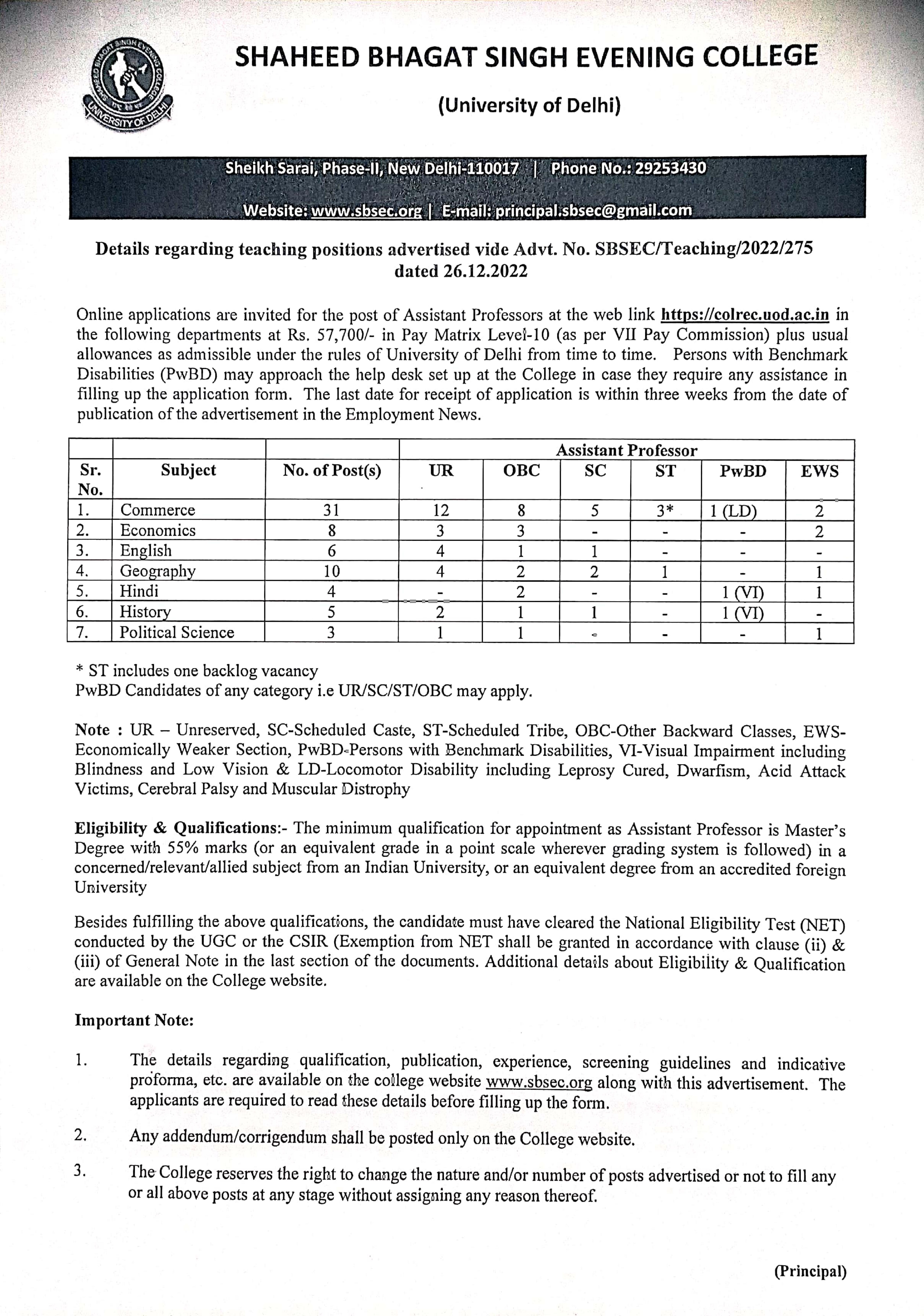 Shaheed Bhagat Singh Evening College (SBSEC) Invites Application for 67 Assistant Professor Recruitment 2023 - Page 1