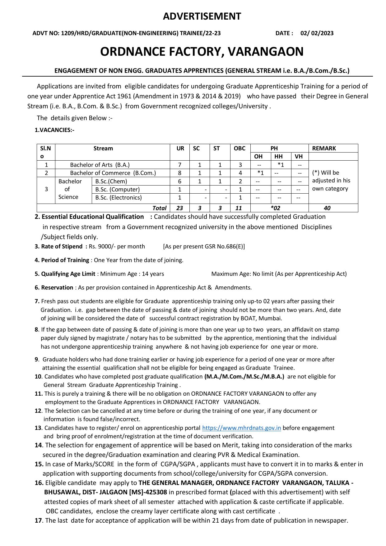 Ordnance Factory Varangaon Invites Application for 40 Non Engineering Graduate Apprentice Recruitment 2023 - Page 2