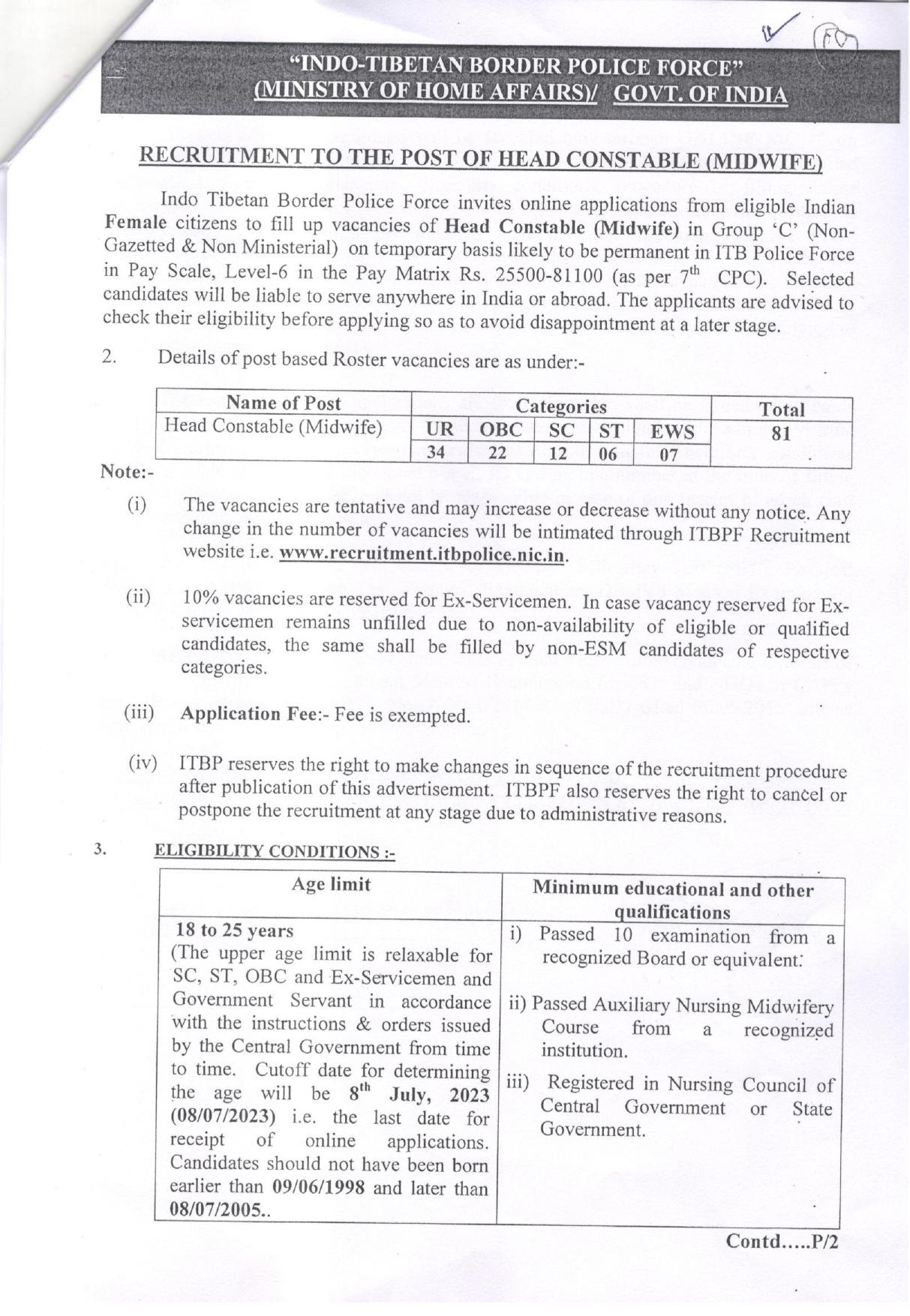 Indo-Tibetan Border Police (ITBP) Head Constable (MidWife) Recruitment 2023 - Page 2